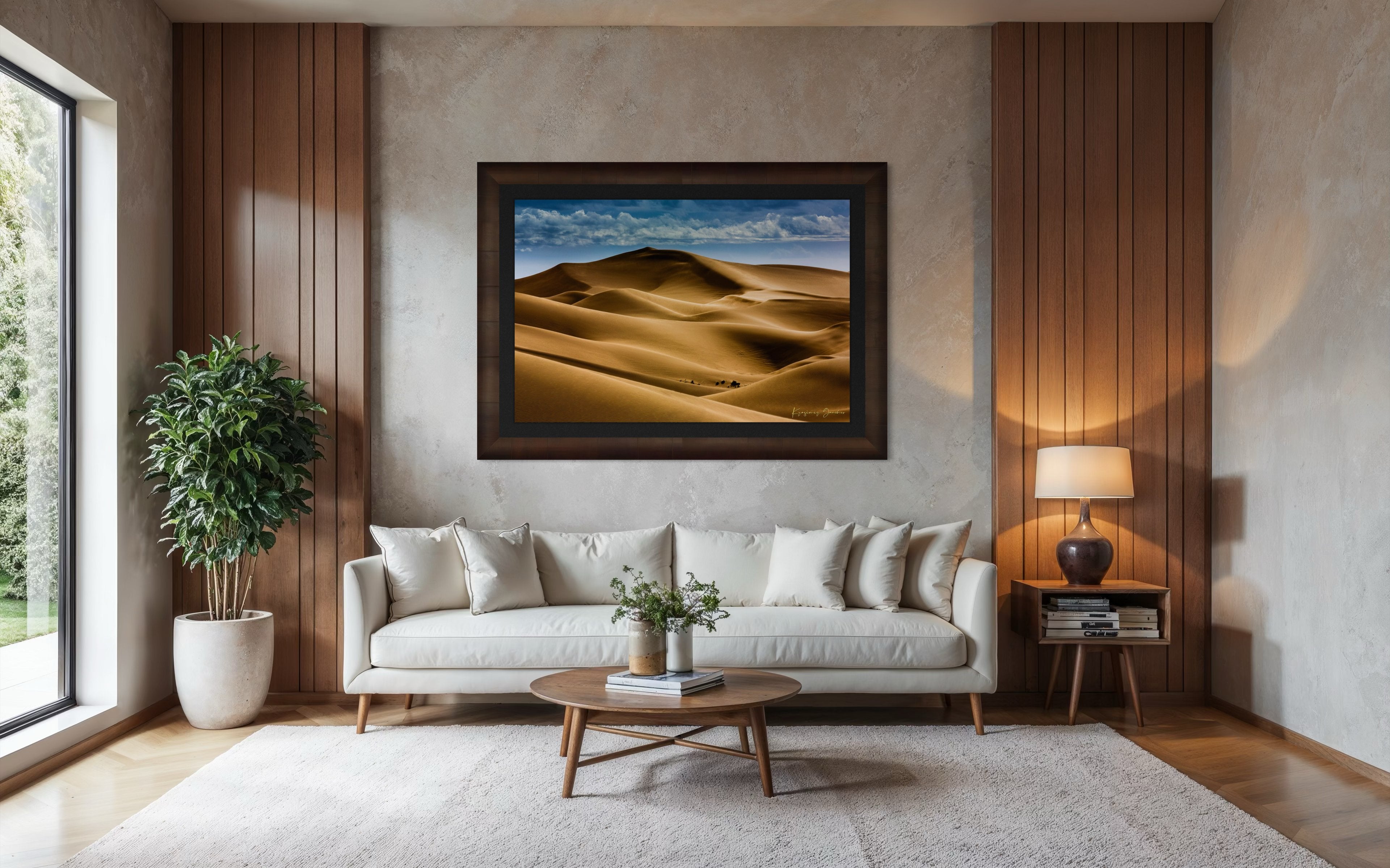 Sweeping desert dune curves in Brawley bathed in warm light, framed by a tranquil sky to emphasize natural grandeur. #Finish_Roma Cigar Leaf Frame & Dark Liner
