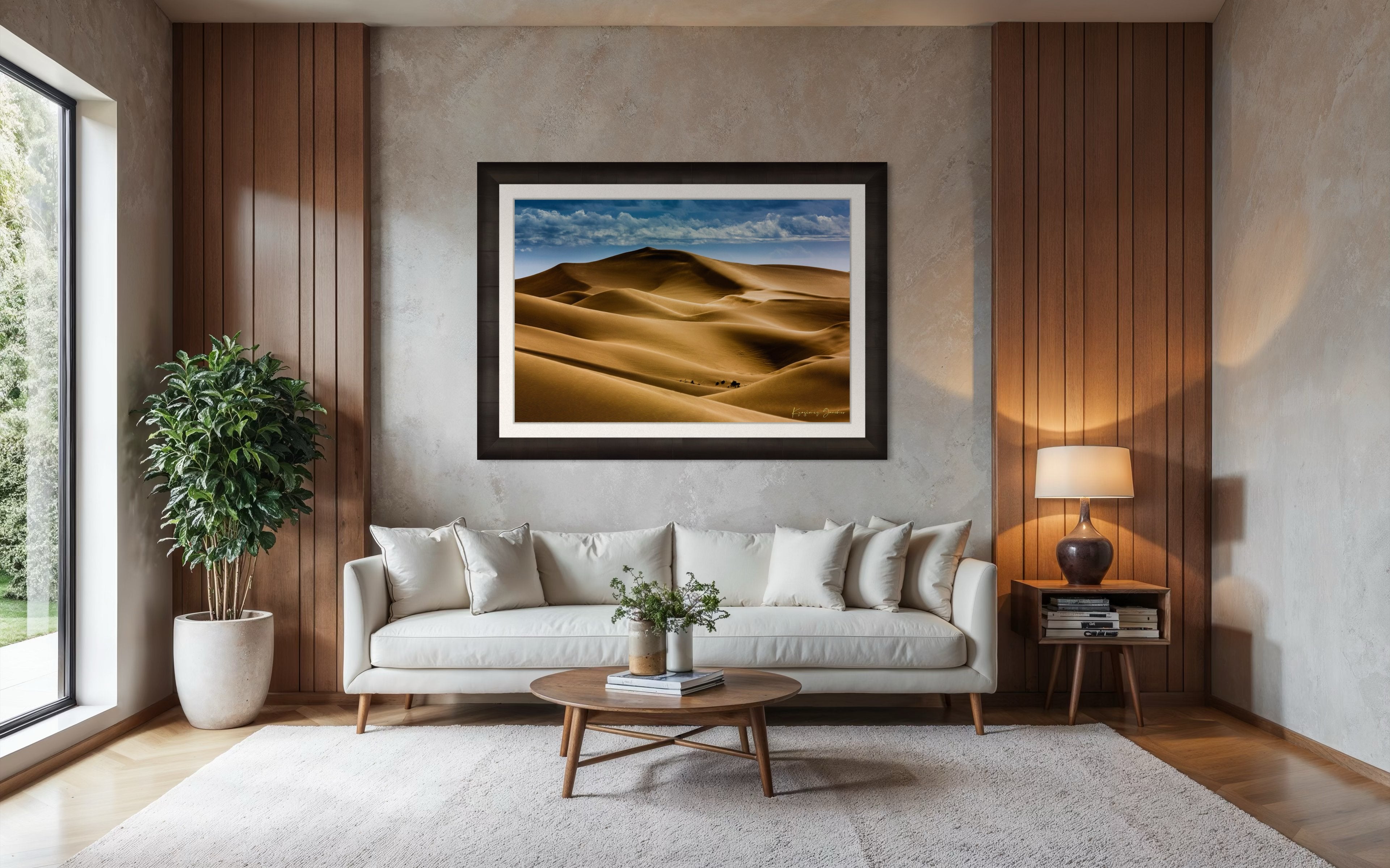 Sweeping desert dune curves in Brawley bathed in warm light, framed by a tranquil sky to emphasize natural grandeur. #Finish_Roma Dark Ash Frame & Bright Liner