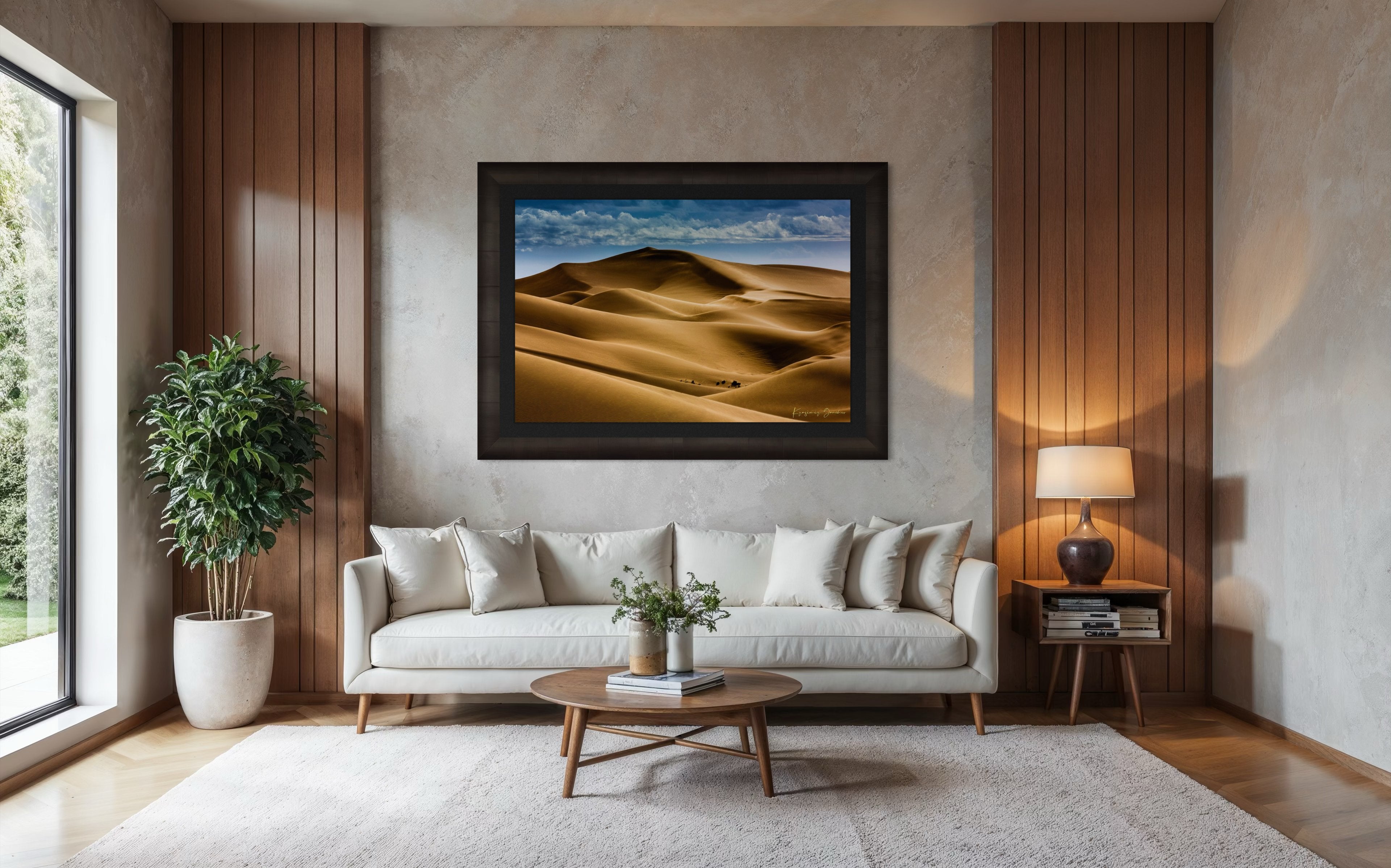Sweeping desert dune curves in Brawley bathed in warm light, framed by a tranquil sky to emphasize natural grandeur. #Finish_Roma Dark Ash Frame & Dark Liner