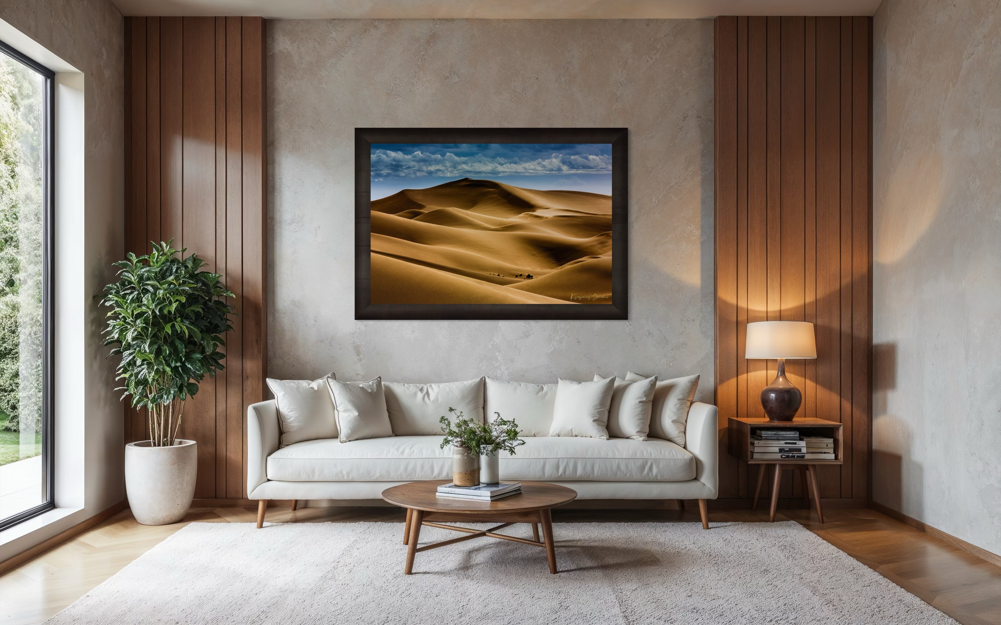 Sweeping desert dune curves in Brawley bathed in warm light, framed by a tranquil sky to emphasize natural grandeur. #Finish_Roma Dark Ash Frame