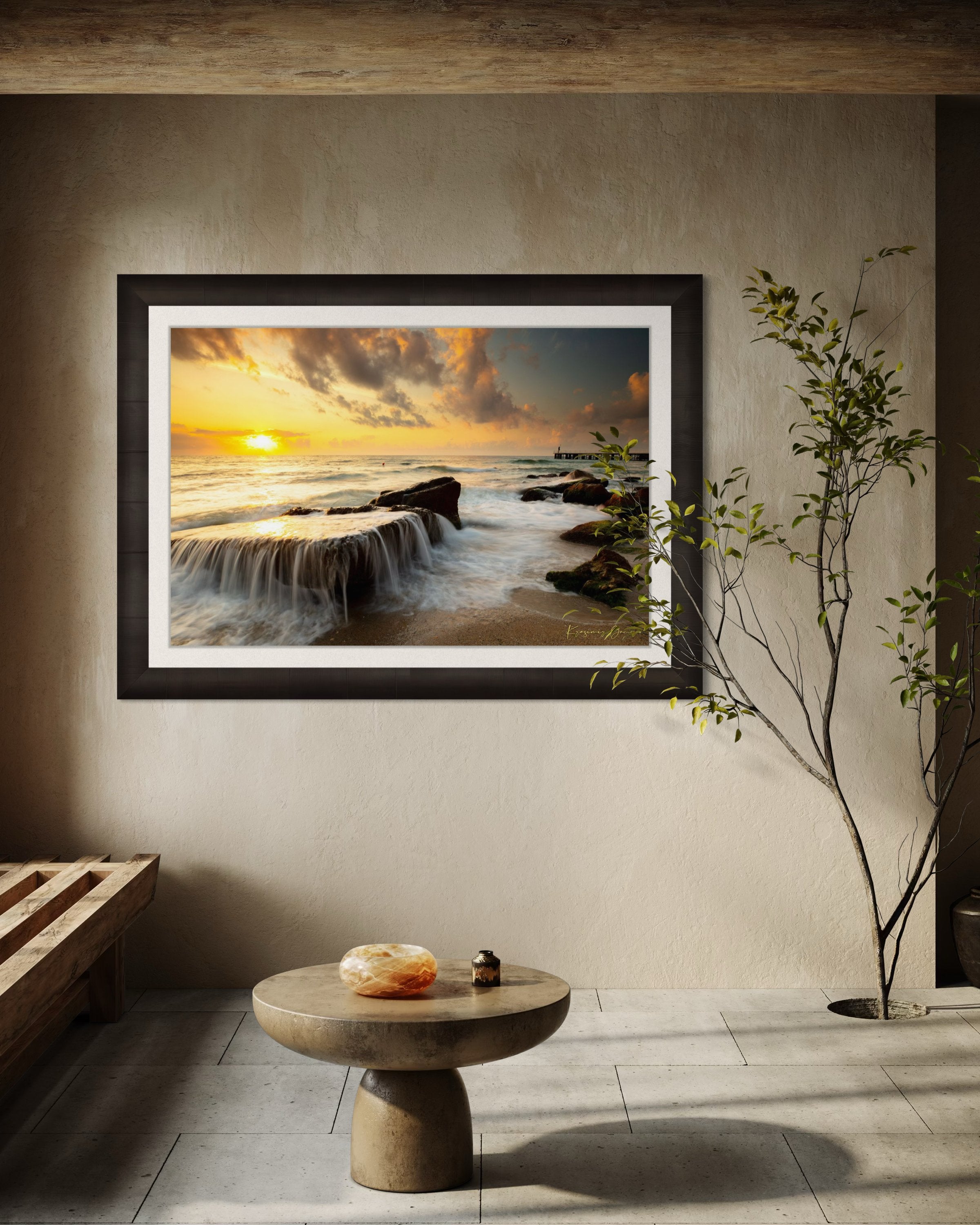 Sunrise lighting on coastal rocks and sea surface near a beach in Saints Constantine and Helena, Bulgaria. #Finish_Roma Dark Ash Frame & Bright Liner