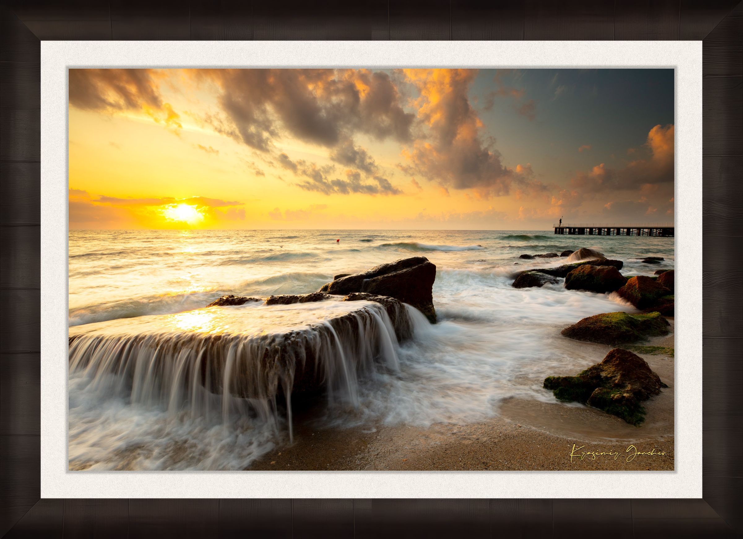 Sunrise lighting on coastal rocks and sea surface near a beach in Saints Constantine and Helena, Bulgaria. #Finish_Roma Dark Ash Frame & Bright Liner