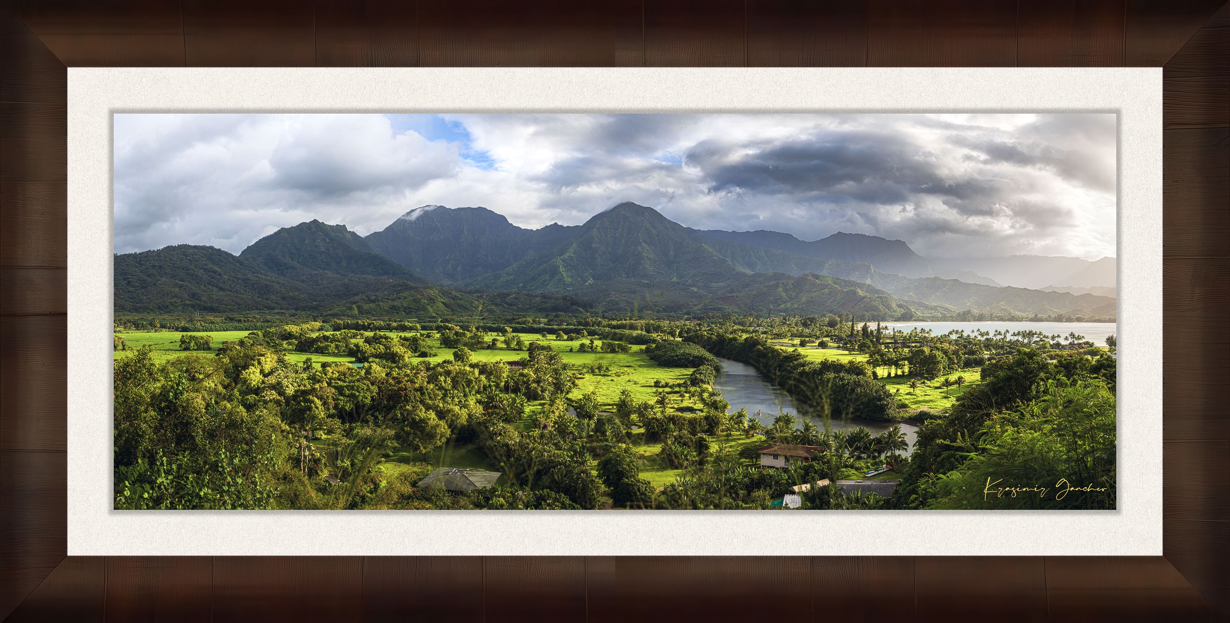 Lush green slopes of Hanalei Valley on Kauai with ocean, trees, and distant bay at daylight. #Finish_Roma Cigar Leaf Frame & Bright Liner