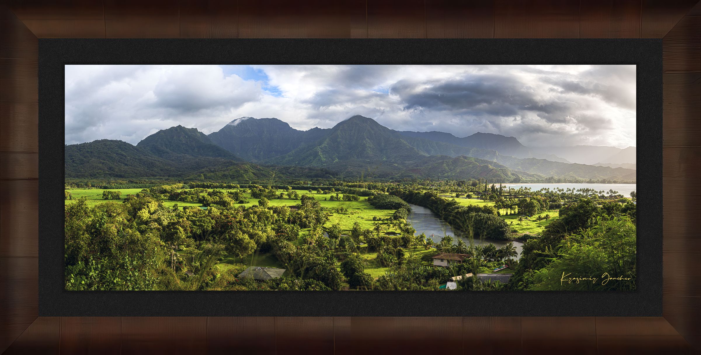 Lush green slopes of Hanalei Valley on Kauai with ocean, trees, and distant bay at daylight. #Finish_Roma Cigar Leaf Frame & Dark Liner