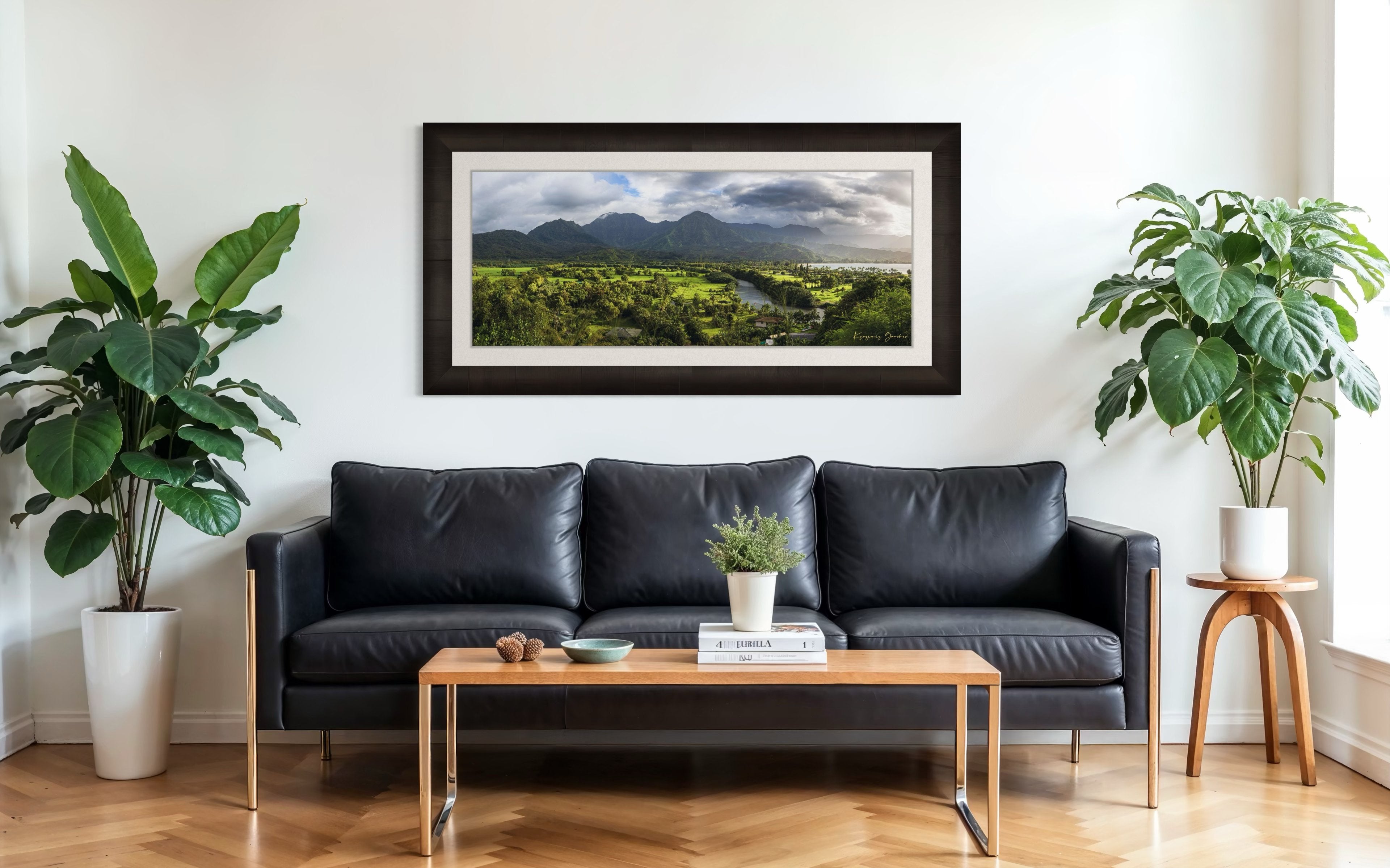 Lush green slopes of Hanalei Valley on Kauai with ocean, trees, and distant bay at daylight. #Finish_Roma Dark Ash Frame & Bright Liner