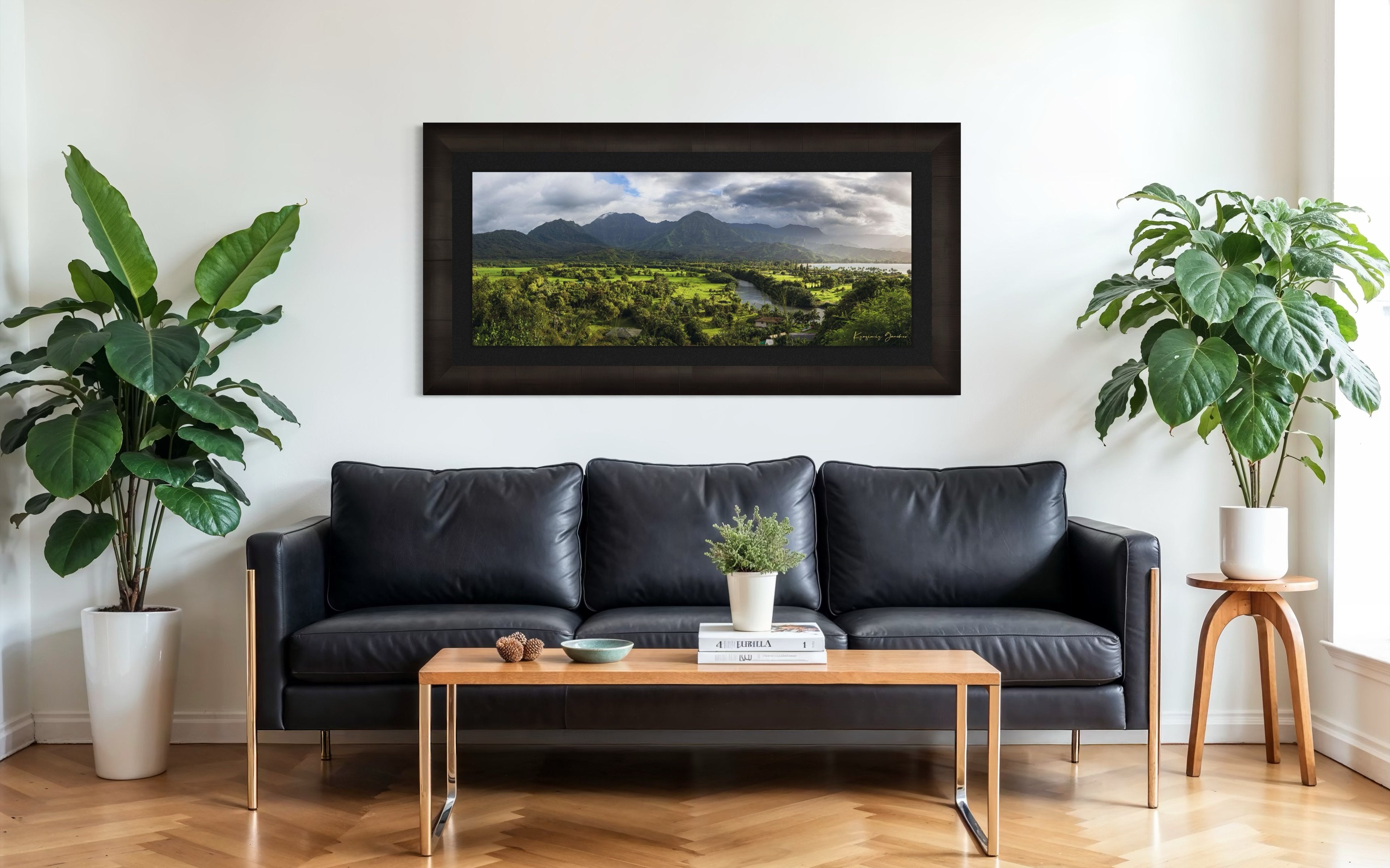 Lush green slopes of Hanalei Valley on Kauai with ocean, trees, and distant bay at daylight. #Finish_Roma Dark Ash Frame & Dark Liner