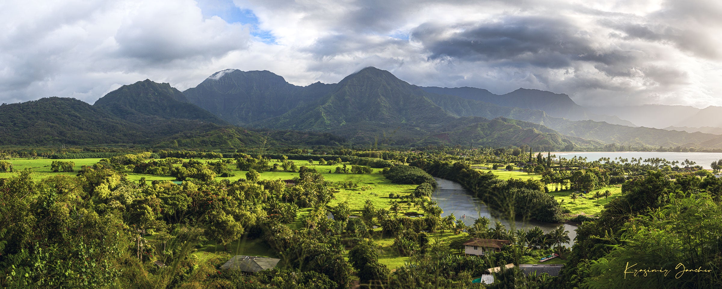 Lush green slopes of Hanalei Valley on Kauai with ocean, trees, and distant bay at daylight. #Finish_Acrylic Recess