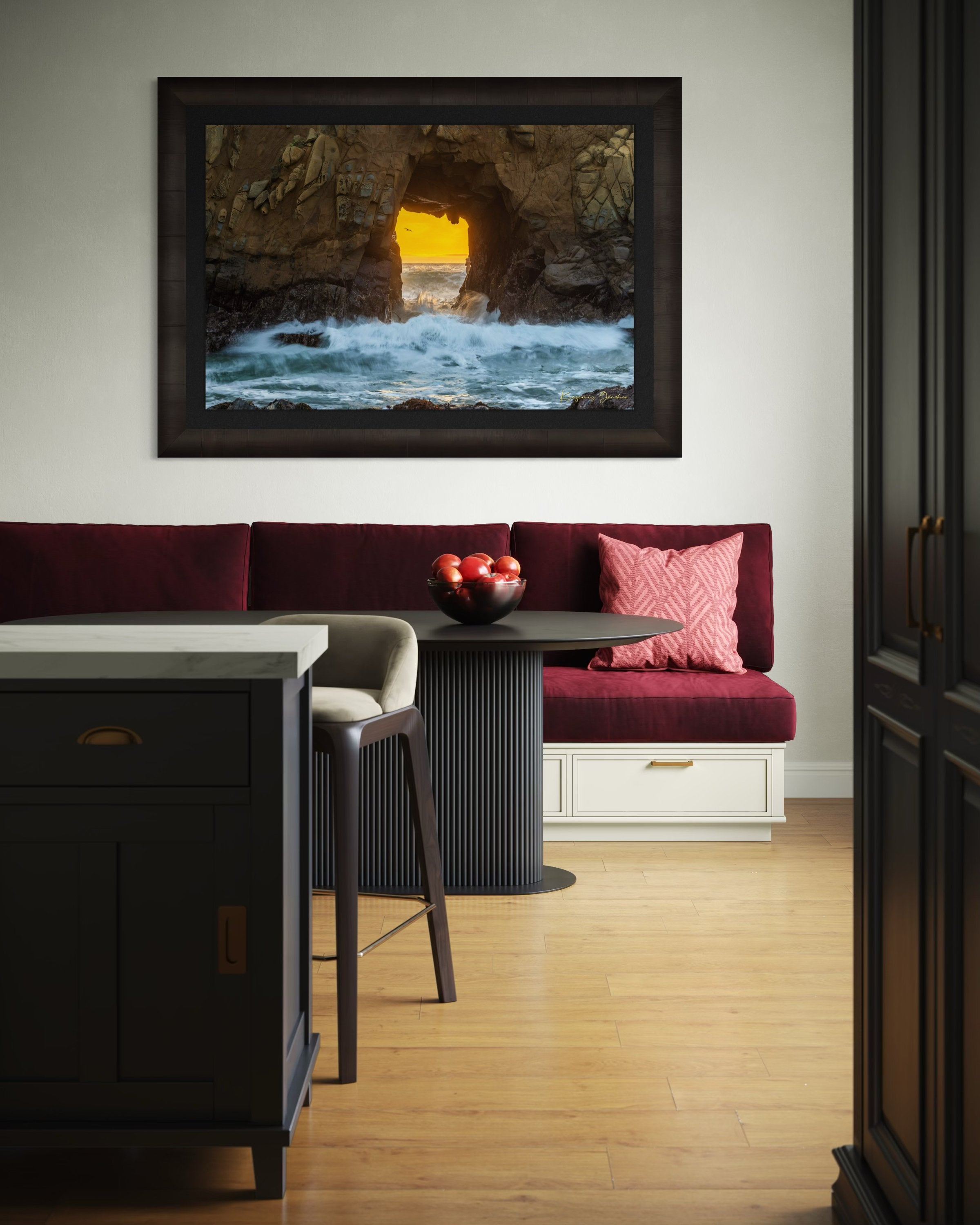 Natural rock arch on the Pacific coast of Big Sur framed by a vivid sunset, wave motion softened by long exposure. #Finish_Roma Dark Ash Frame & Dark Liner