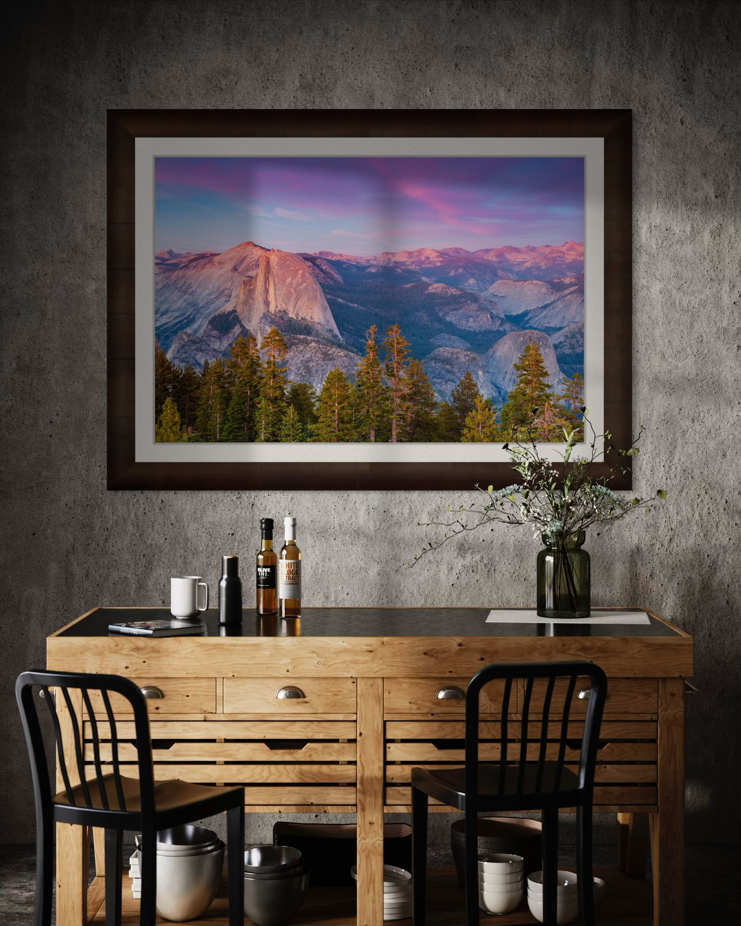 Granite monolith of Half Dome silhouetted against colorful sunset skies over Yosemite National Park with cloud layers. #Finish_Roma Cigar Leaf Frame & Bright Liner