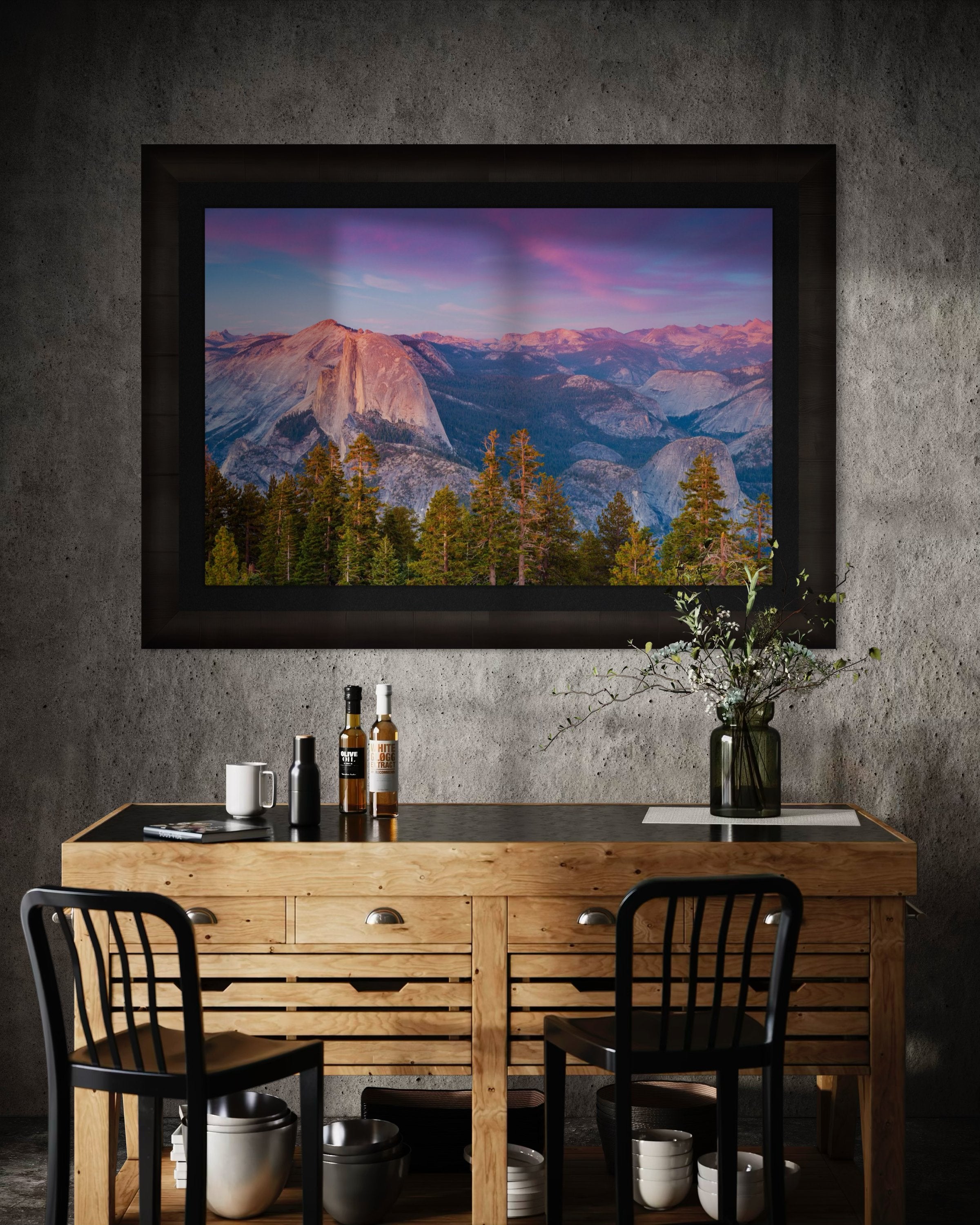 Granite monolith of Half Dome silhouetted against colorful sunset skies over Yosemite National Park with cloud layers. #Finish_Roma Dark Ash Frame & Dark Liner