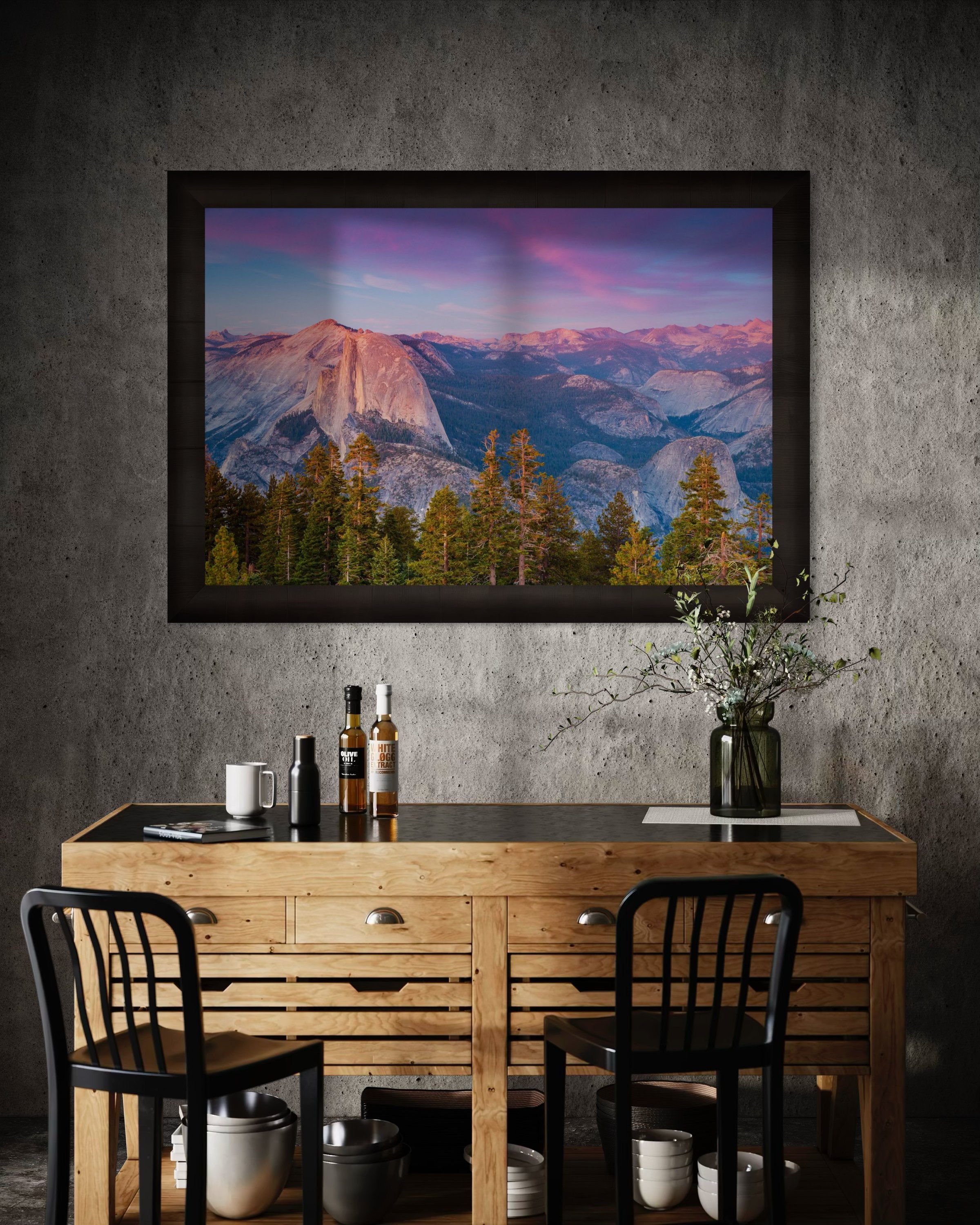 Granite monolith of Half Dome silhouetted against colorful sunset skies over Yosemite National Park with cloud layers. #Finish_Roma Dark Ash Frame