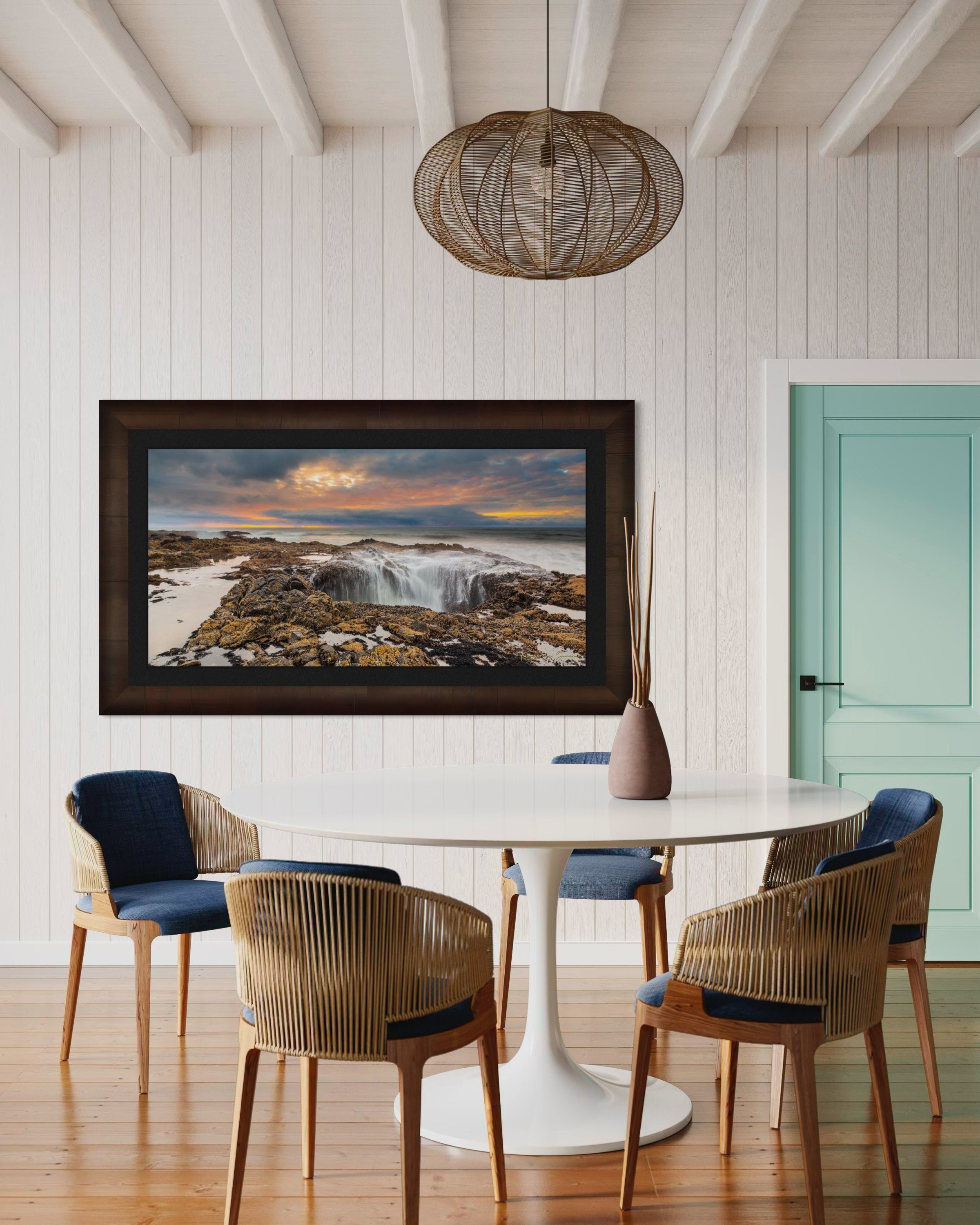 Ocean water surging into Thor's Well at the Oregon coastline during a sunlit evening with clouds and soft sky hues. #Finish_Roma Cigar Leaf Frame & Dark Liner