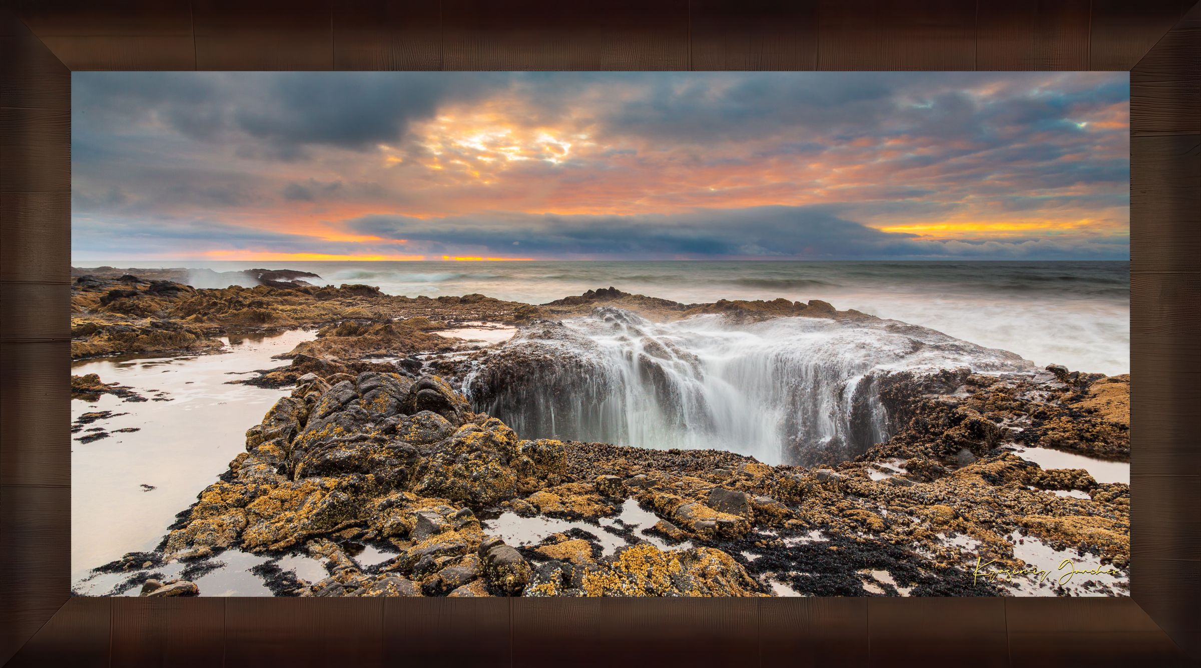 Ocean water surging into Thor's Well at the Oregon coastline during a sunlit evening with clouds and soft sky hues. #Finish_Roma Cigar Leaf Frame