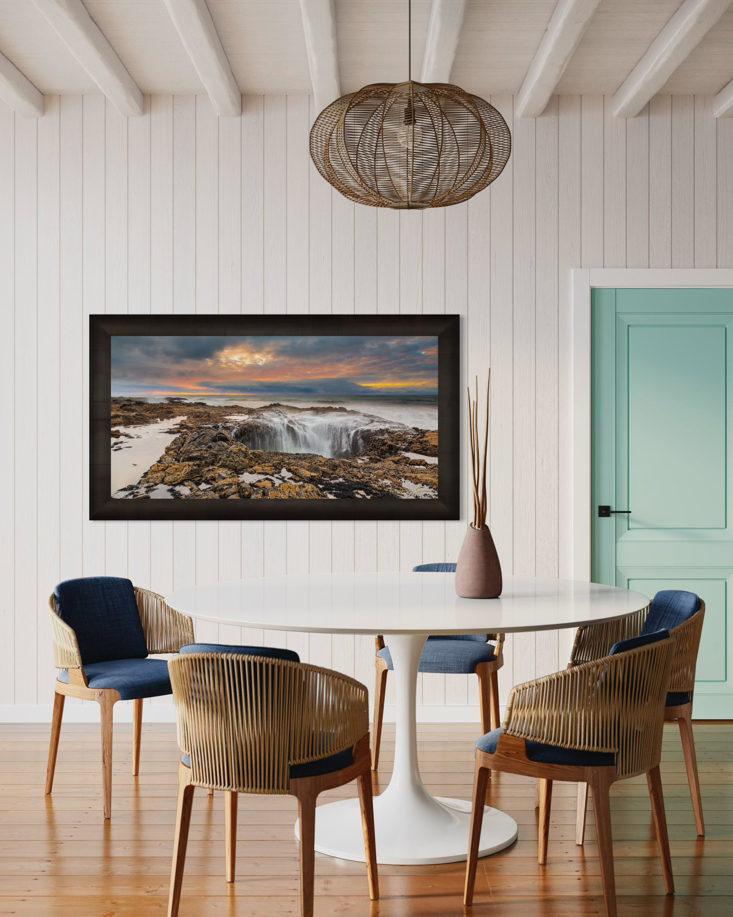 Ocean water surging into Thor's Well at the Oregon coastline during a sunlit evening with clouds and soft sky hues. #Finish_Roma Dark Ash Frame