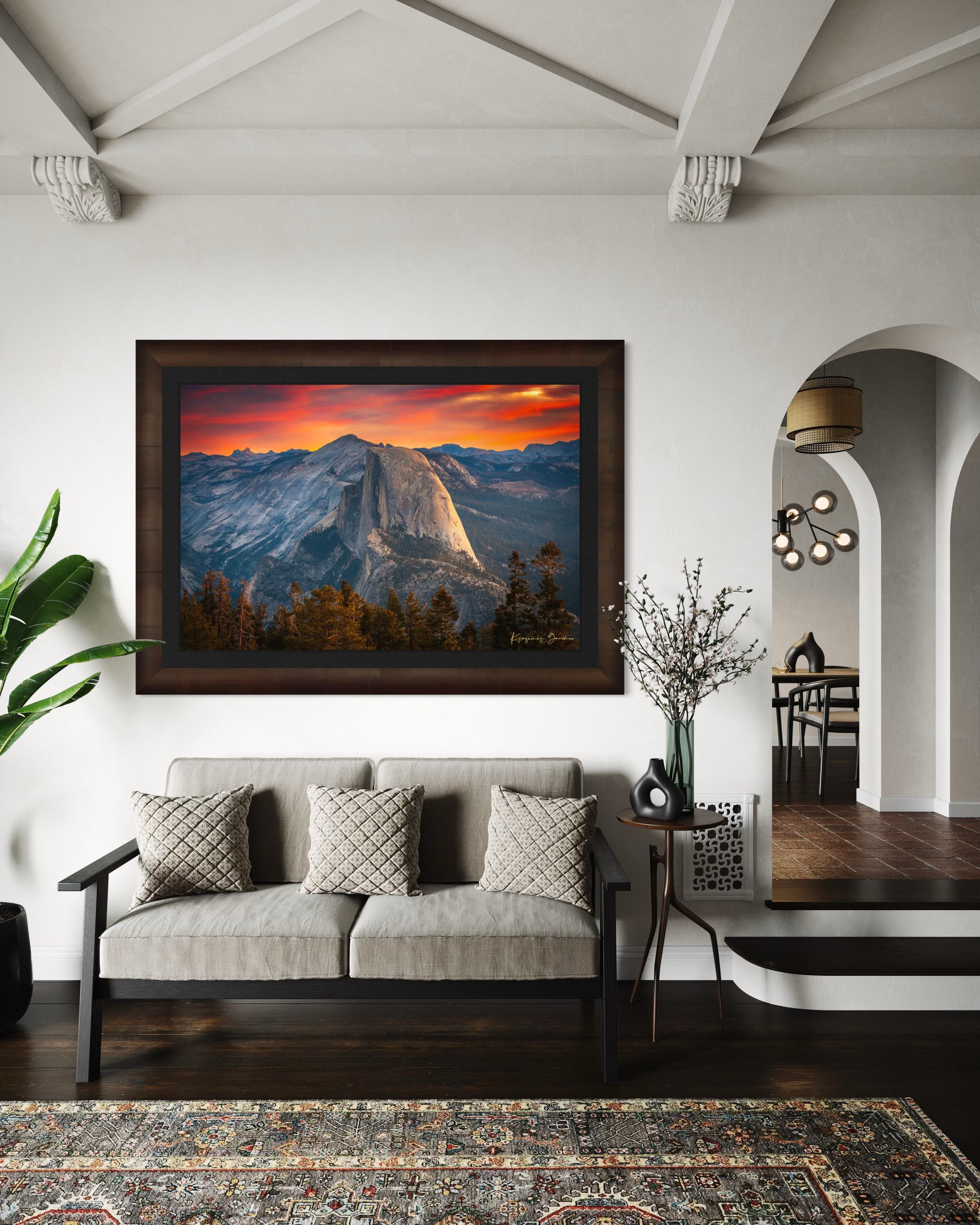 Half Dome monolith at sunrise in Yosemite National Park, with cloud formations and natural light. #Finish_Roma Cigar Leaf Frame & Dark Liner