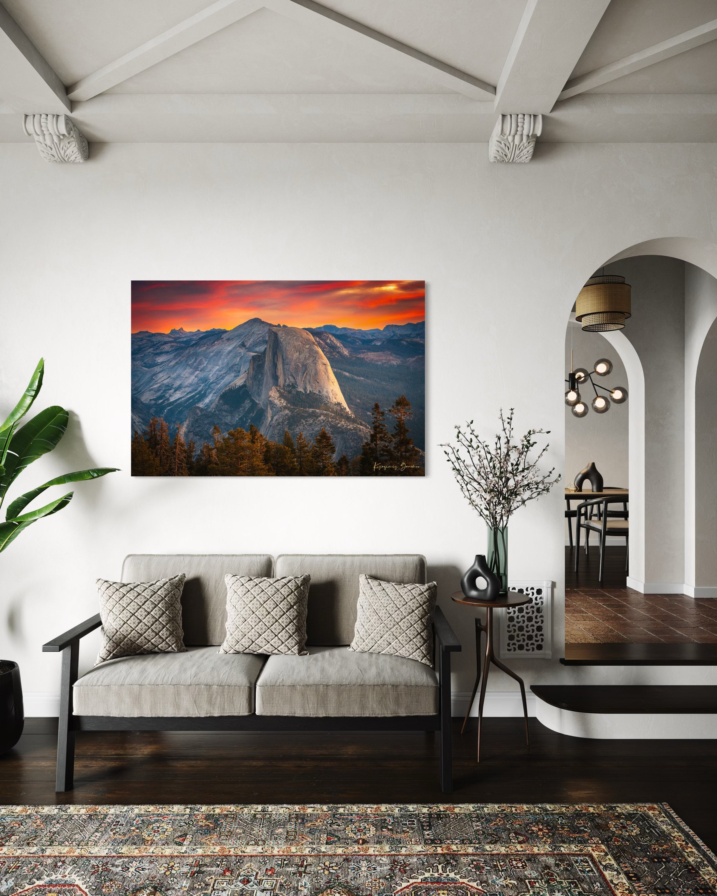 Half Dome monolith at sunrise in Yosemite National Park, with cloud formations and natural light. #Finish_Acrylic Recess