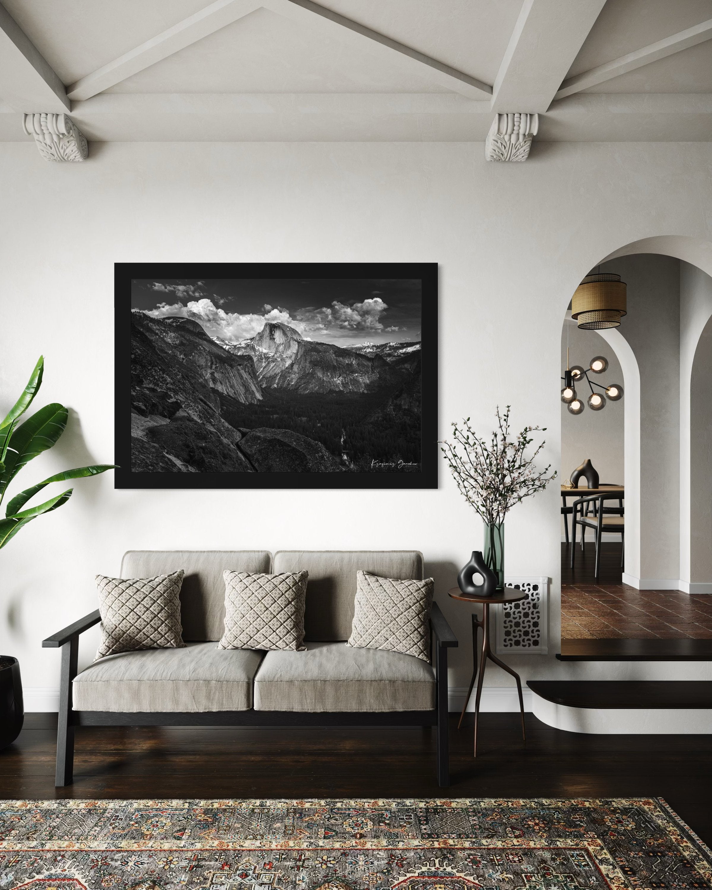 Half Dome silhouetted against sunset sky with drifting clouds above Yosemite Valley. #Finish_Roma Satin Black Frame