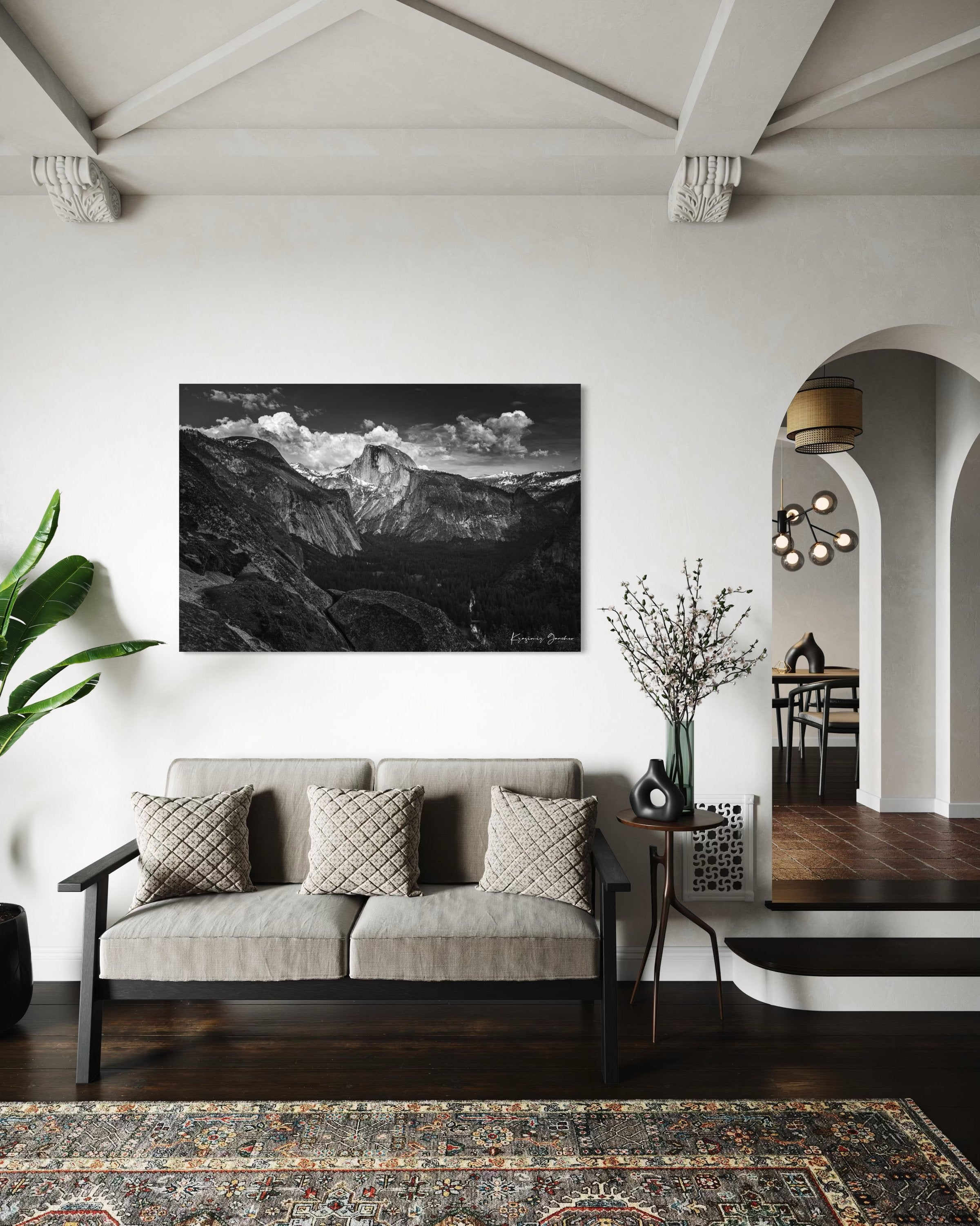 Half Dome silhouetted against sunset sky with drifting clouds above Yosemite Valley. #Finish_Acrylic Recess