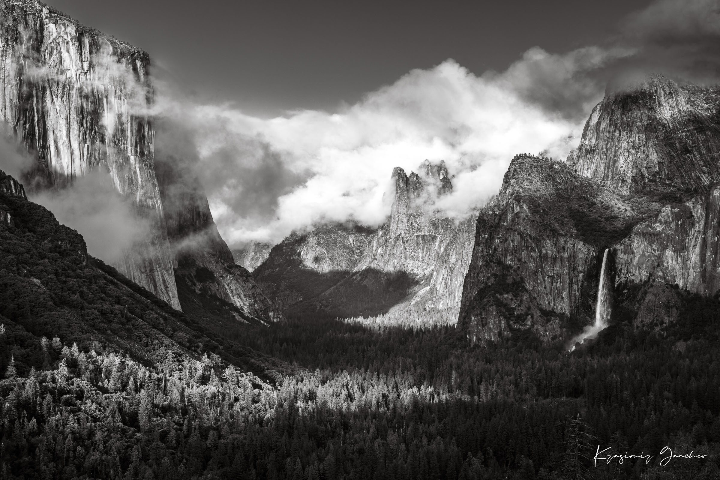 El Capitan granite monolith in Yosemite National Park during daylight, waterfalls cascading down cliffs, clouds above. #Finish_Acrylic Recess