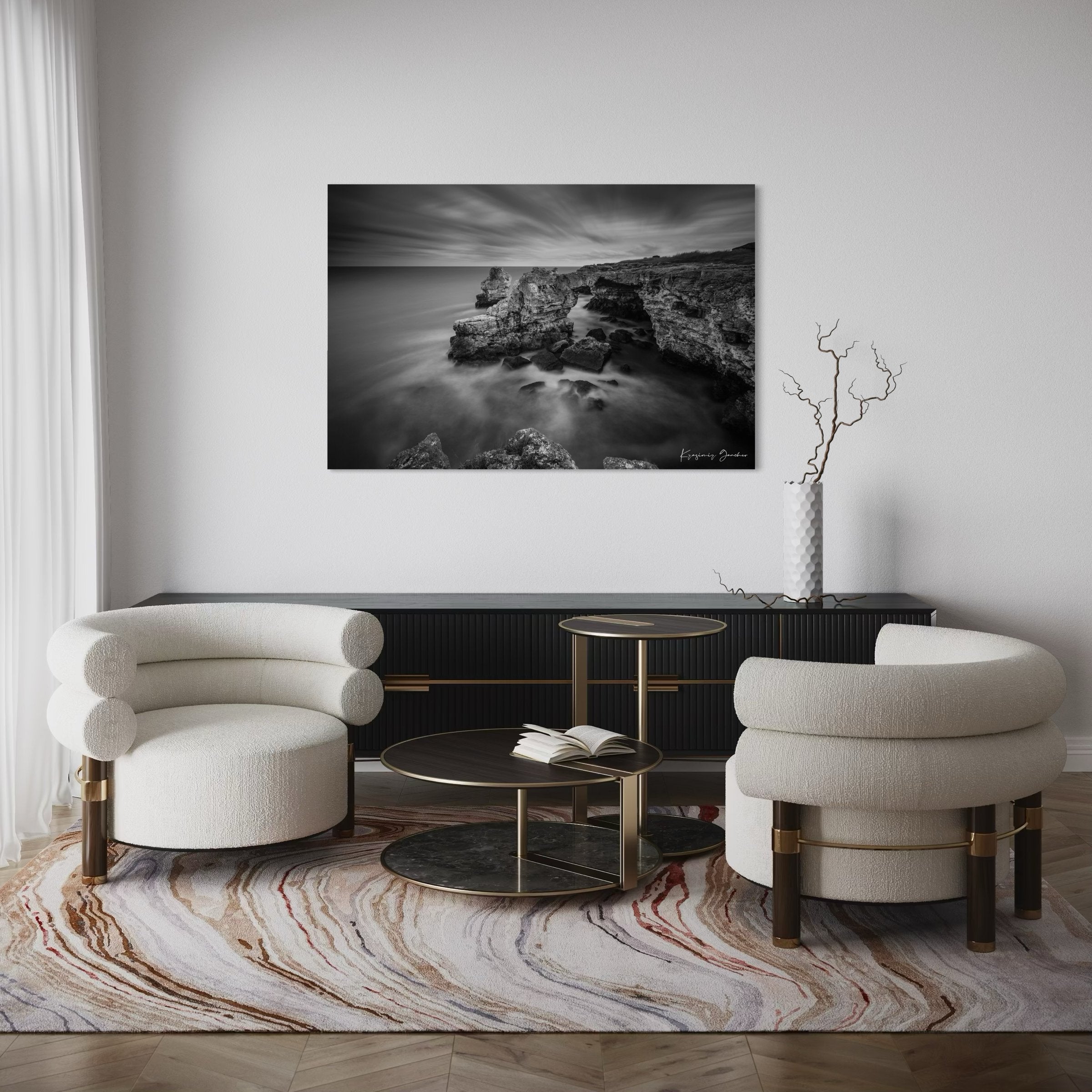 A stone arch formation near coastal cliffs in monochrome, with waves crashing against it. #Finish_Acrylic Recess