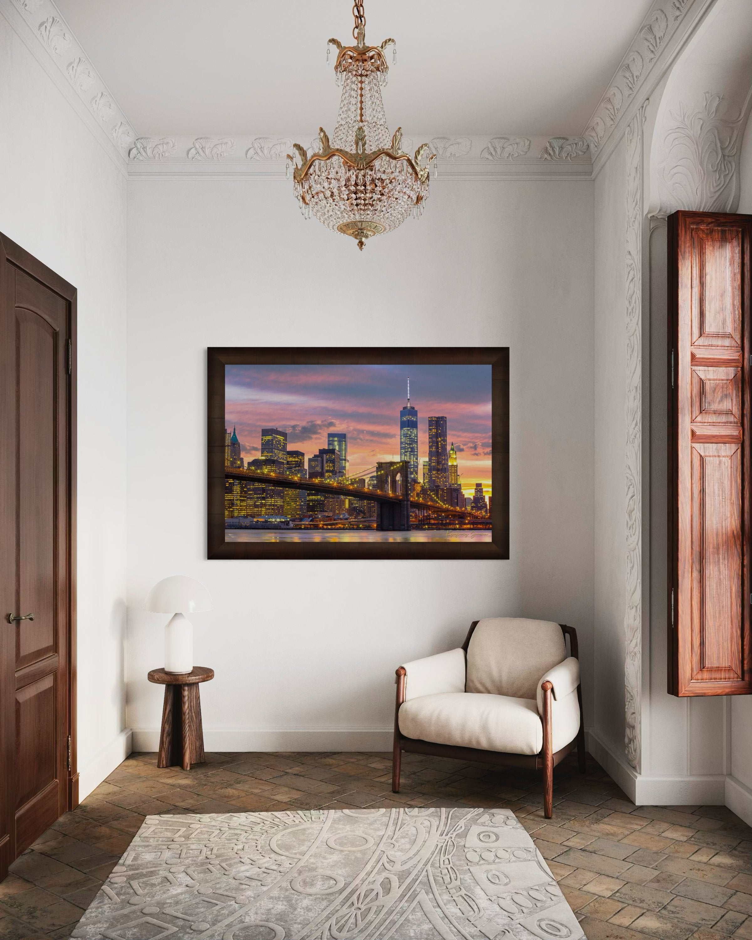 The Brooklyn Bridge viewed from Manhattan during evening hours as sunlight fades into artificial lighting under cloudy skies. #Finish_Roma Cigar Leaf Frame