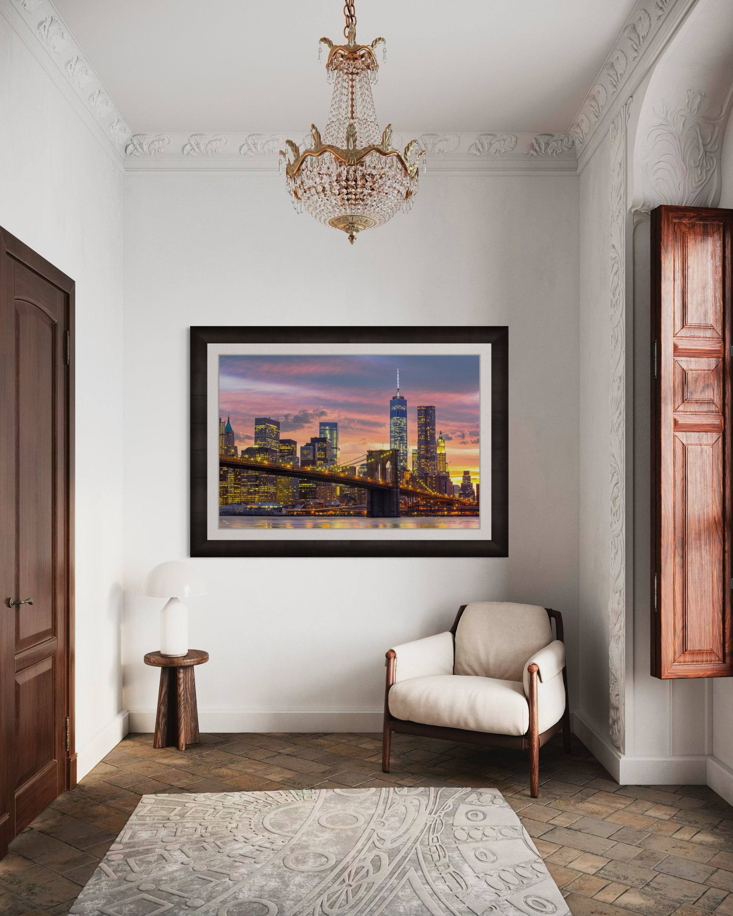 The Brooklyn Bridge viewed from Manhattan during evening hours as sunlight fades into artificial lighting under cloudy skies. #Finish_Roma Dark Ash Frame & Bright Liner