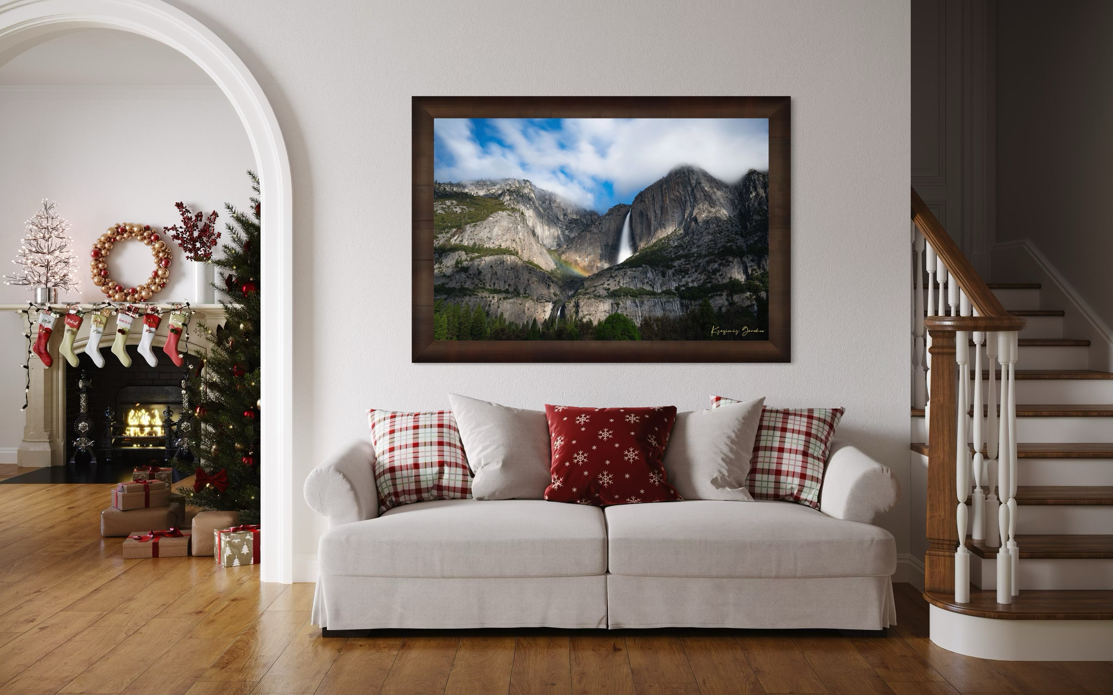 Yosemite Falls at night under starlight, illuminated by a faint silvery moonbow arching above the cascade within a cloudy mountain valley. #Finish_Roma Cigar Leaf Frame