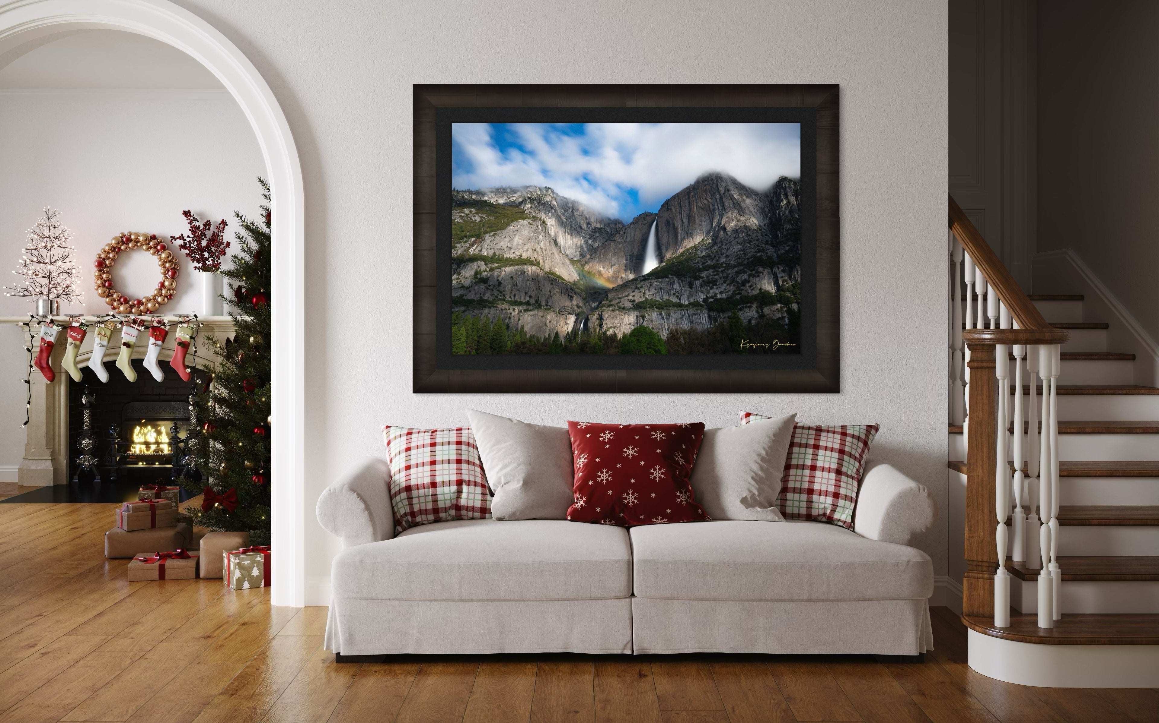 Yosemite Falls at night under starlight, illuminated by a faint silvery moonbow arching above the cascade within a cloudy mountain valley. #Finish_Roma Dark Ash Frame & Dark Liner
