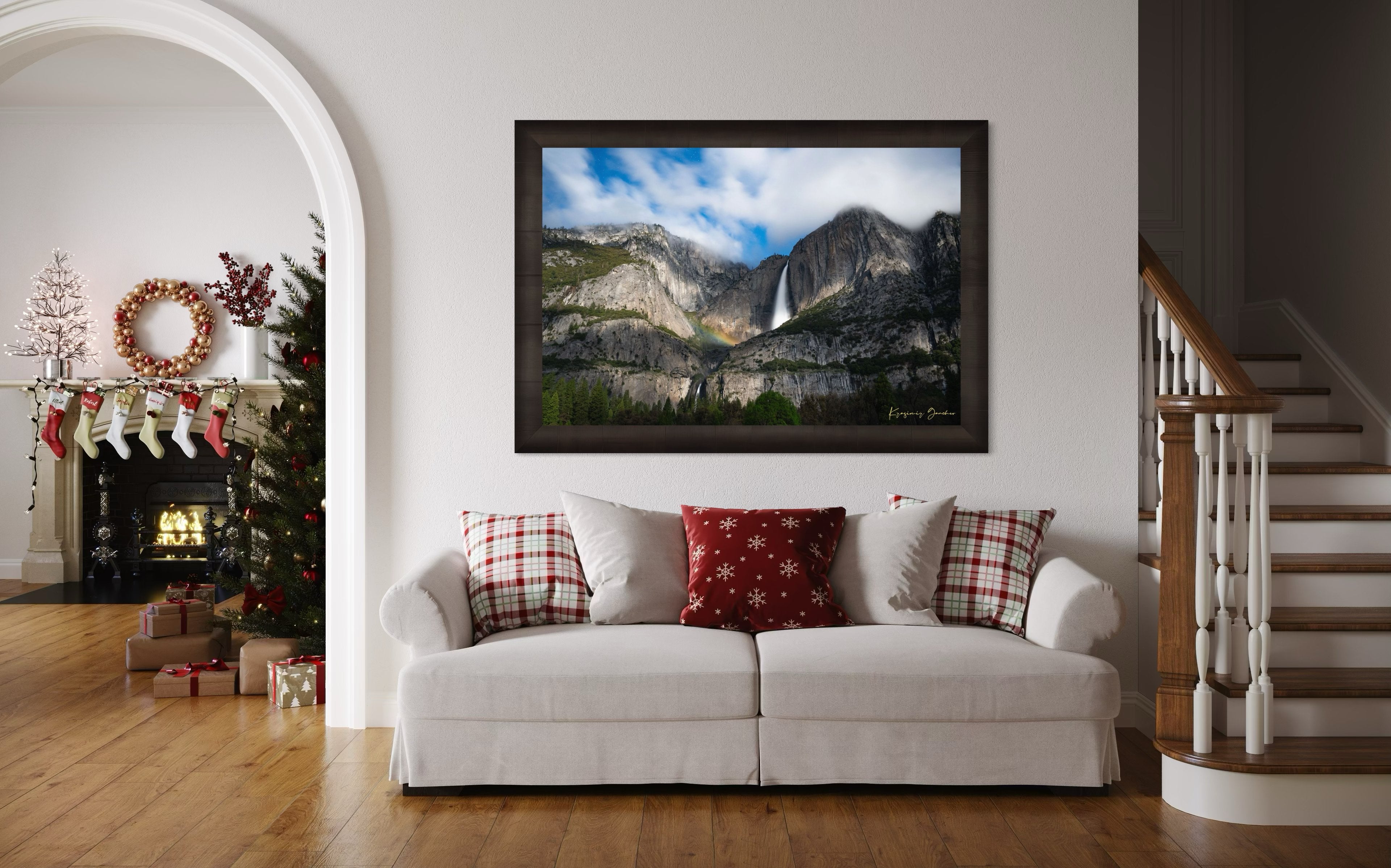 Yosemite Falls at night under starlight, illuminated by a faint silvery moonbow arching above the cascade within a cloudy mountain valley. #Finish_Roma Dark Ash Frame