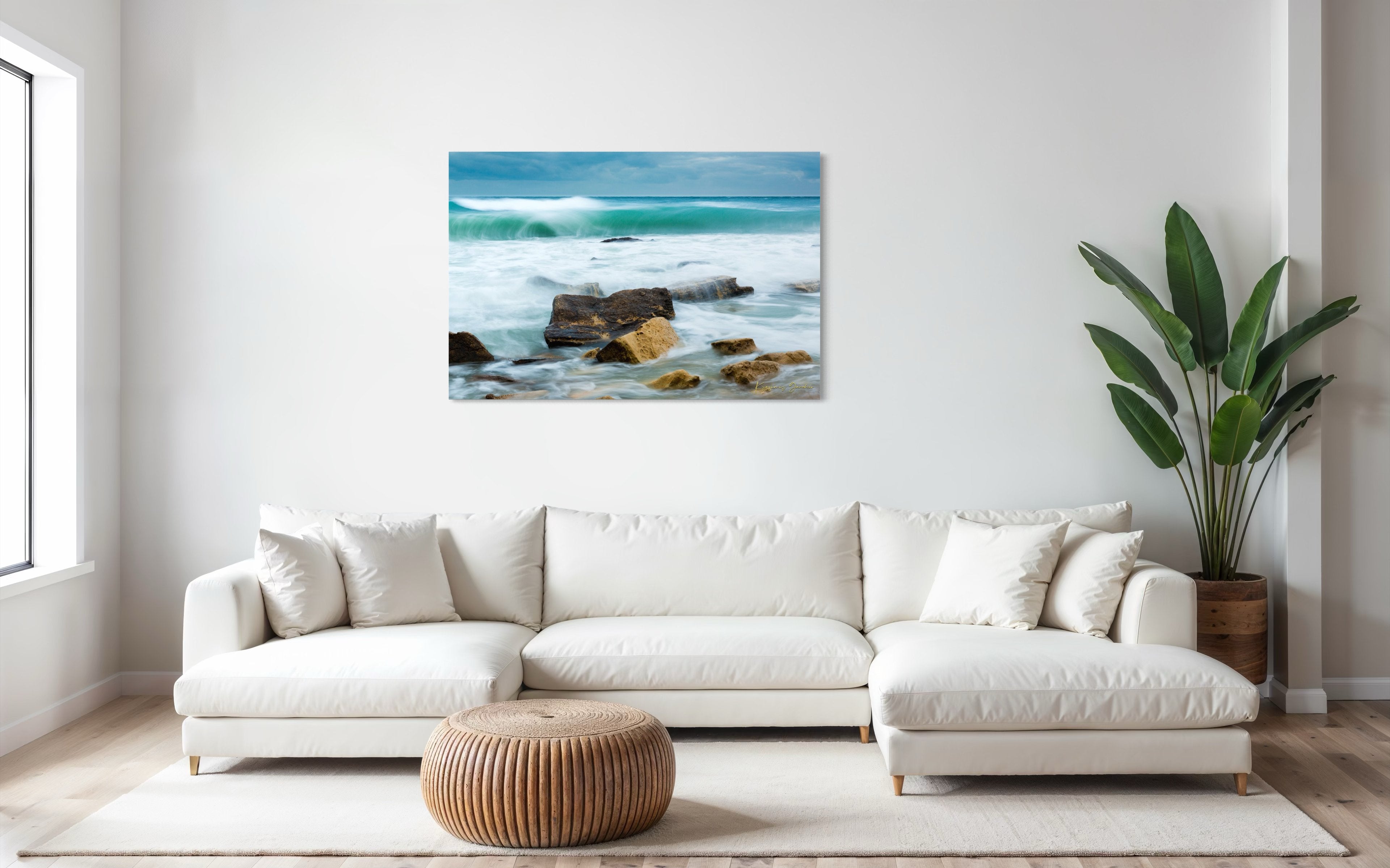 Waves from the sea crash against coastal boulder formations near Fichoza, Bulgaria during daylight with cloudy weather. #Finish_Acrylic Recess