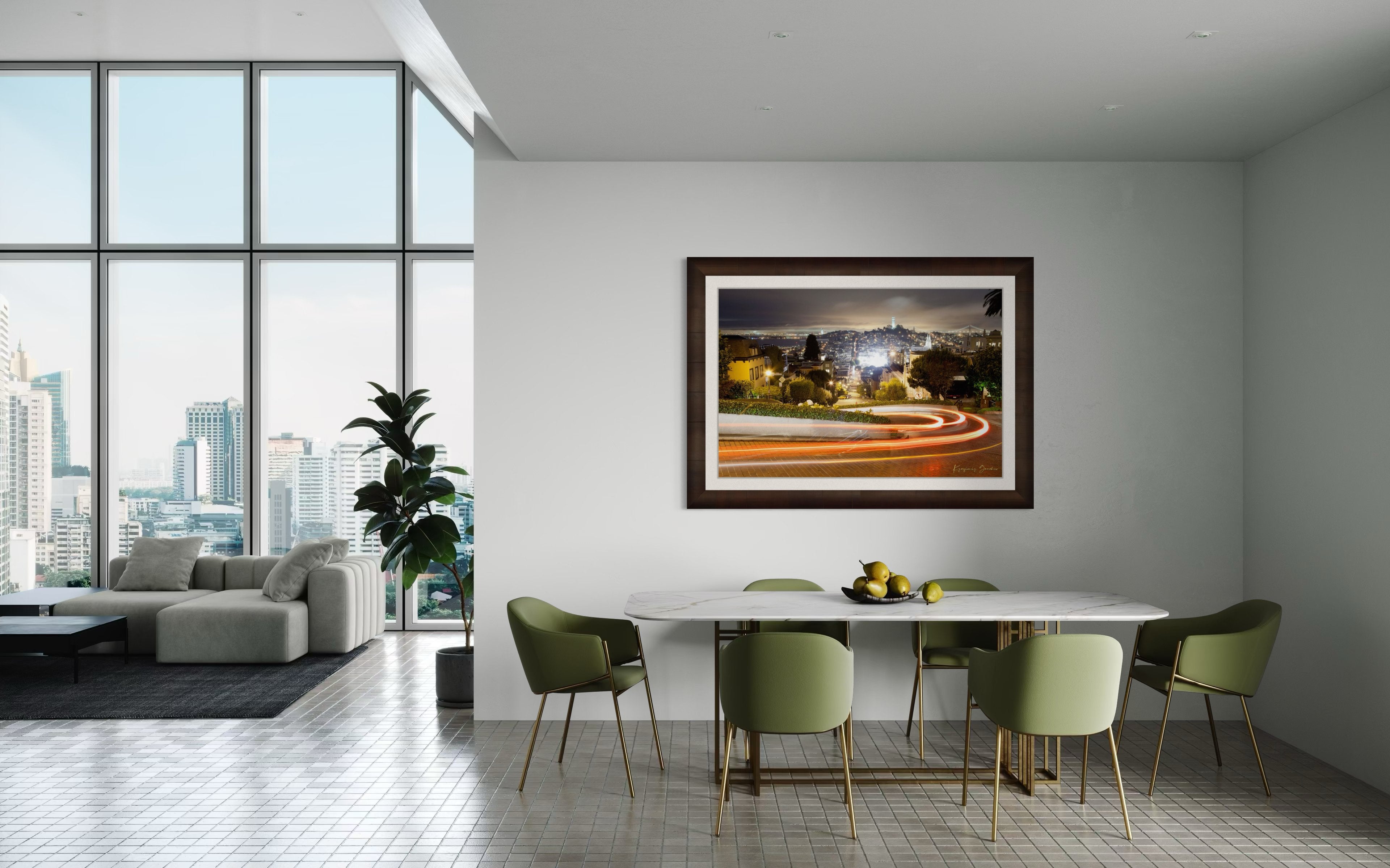 Nighttime Lombard Street in San Francisco showing long exposure light trails under cloudy skies. #Finish_Roma Cigar Leaf Frame & Bright Liner