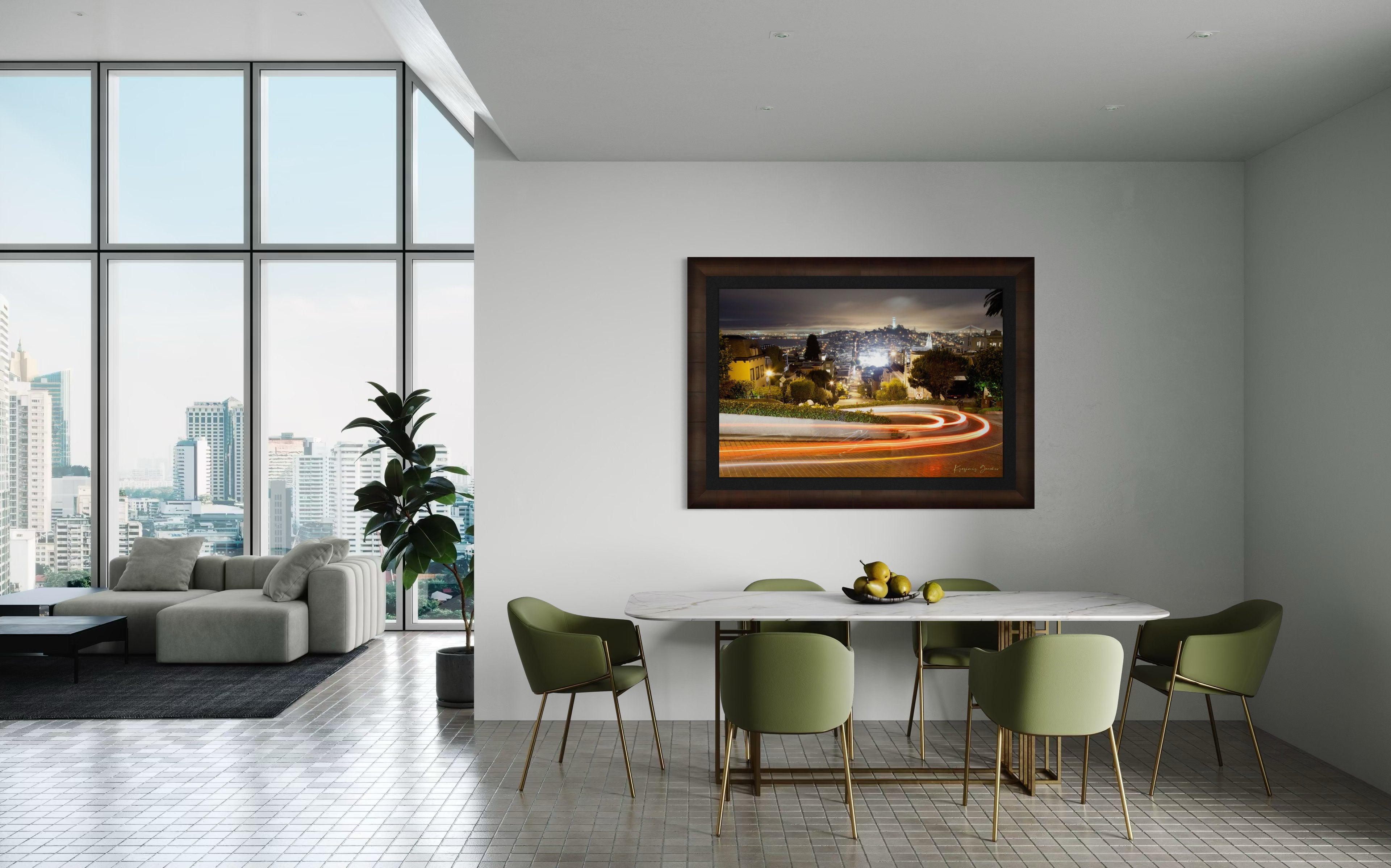 Nighttime Lombard Street in San Francisco showing long exposure light trails under cloudy skies. #Finish_Roma Cigar Leaf Frame & Dark Liner