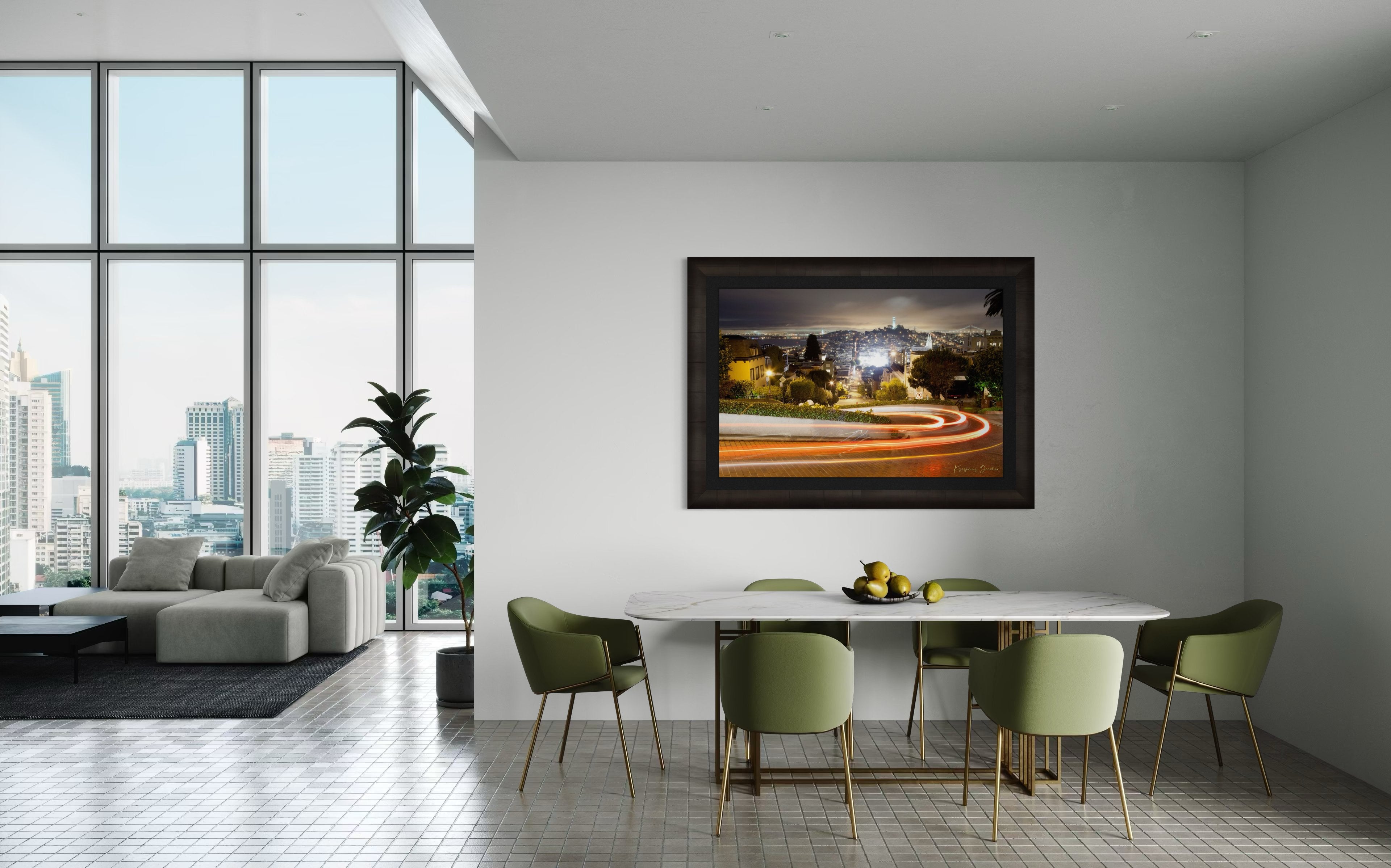 Nighttime Lombard Street in San Francisco showing long exposure light trails under cloudy skies. #Finish_Roma Dark Ash Frame & Dark Liner