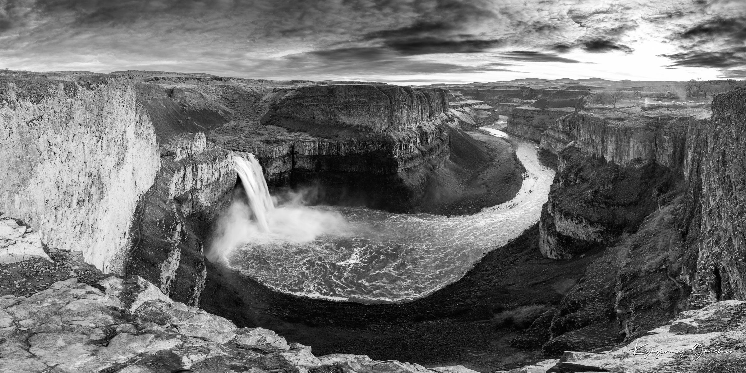 Wide-angle monochrome view of Palouse Falls in Washington State cascading into a rugged canyon with clouds above. #Finish_Acrylic Recess