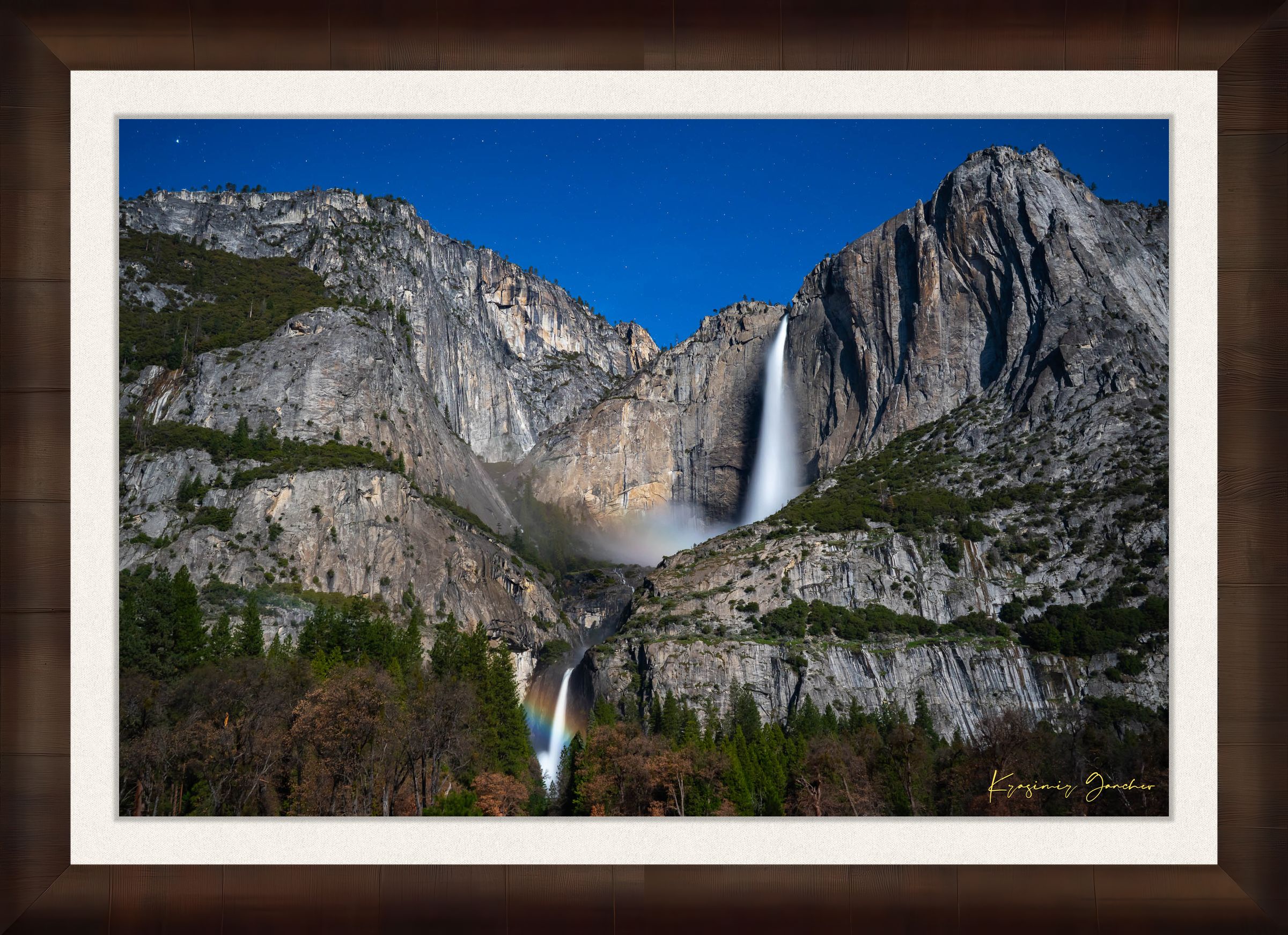 Moonbow over Upper and Lower Yosemite Falls during a starlit full moon in Yosemite National Park. #Finish_Roma Cigar Leaf Frame & Bright Liner