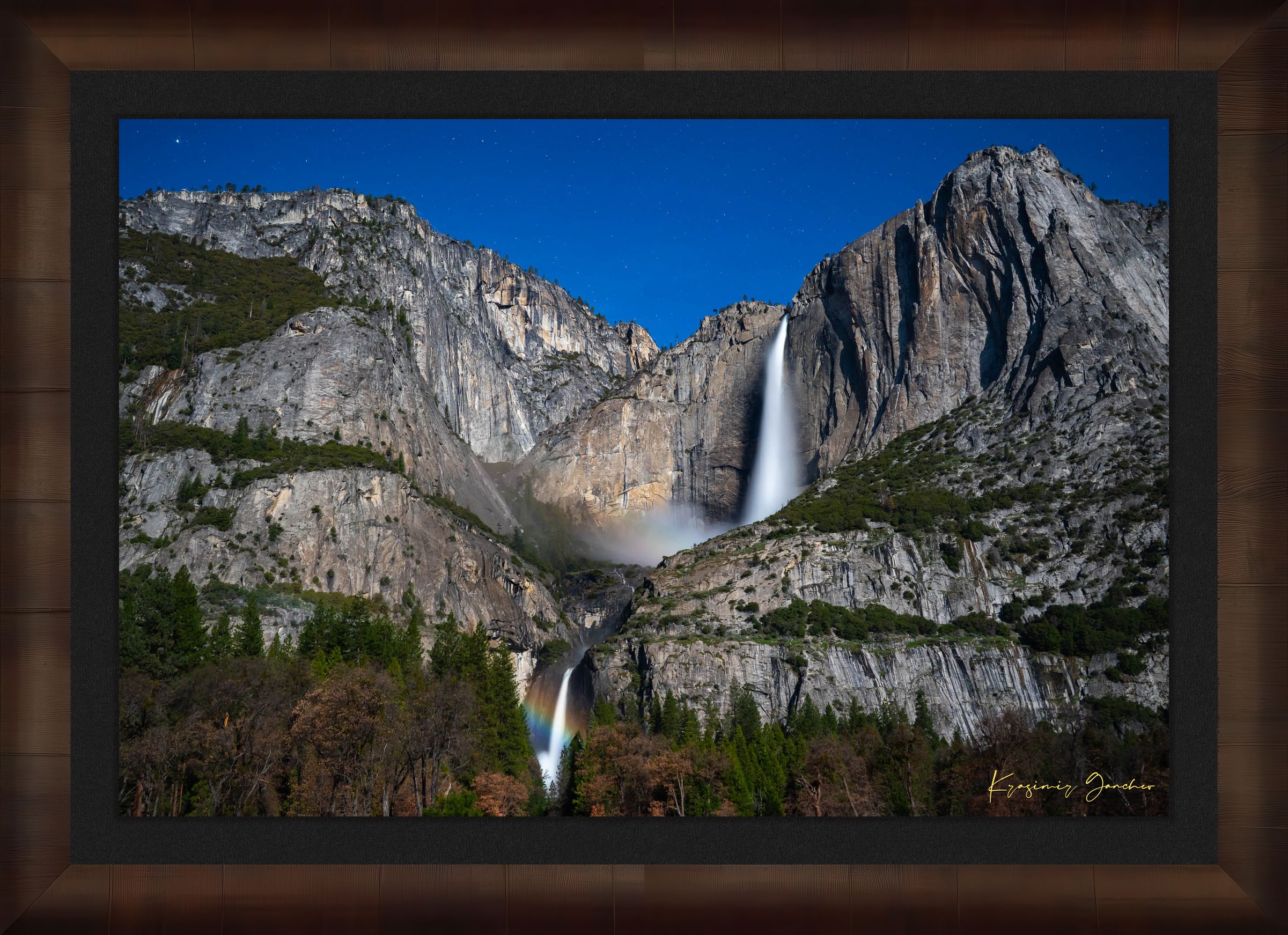 Moonbow over Upper and Lower Yosemite Falls during a starlit full moon in Yosemite National Park. #Finish_Roma Cigar Leaf Frame & Dark Liner