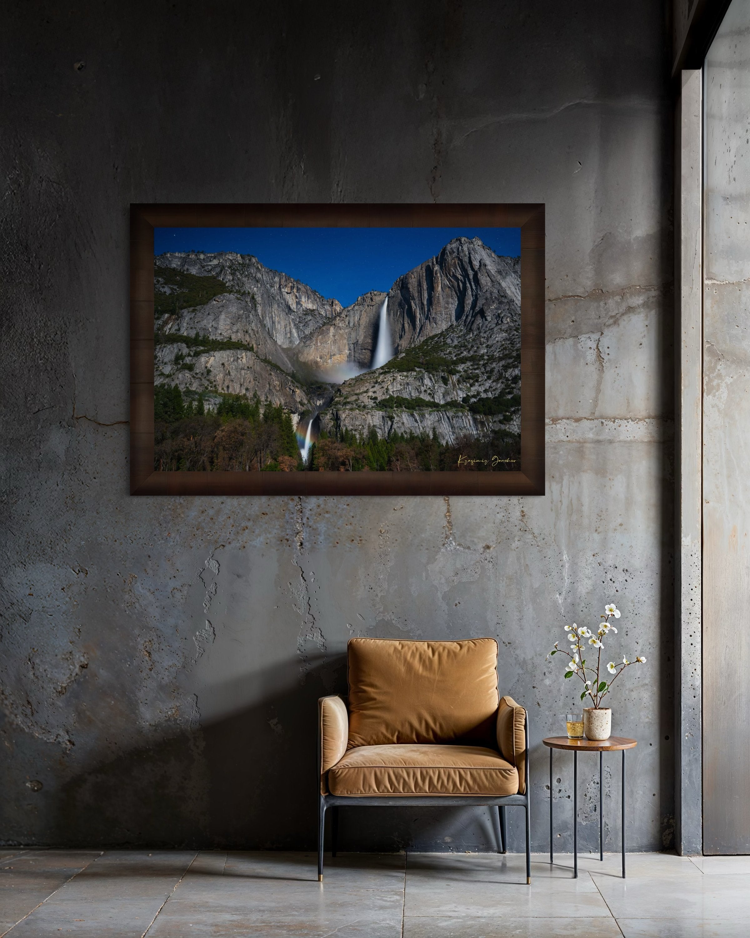 Moonbow over Upper and Lower Yosemite Falls during a starlit full moon in Yosemite National Park. #Finish_Roma Cigar Leaf Frame