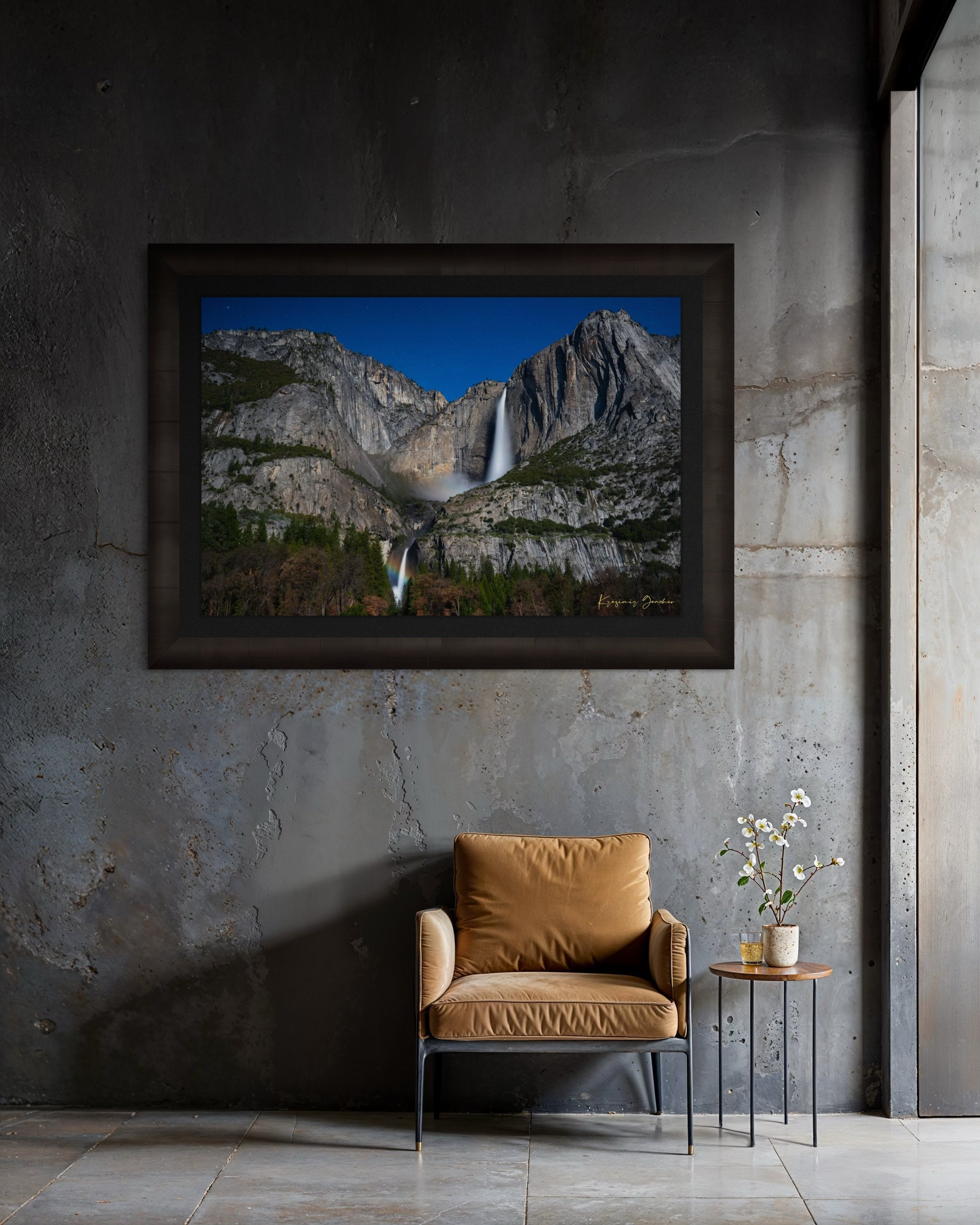 Moonbow over Upper and Lower Yosemite Falls during a starlit full moon in Yosemite National Park. #Finish_Roma Dark Ash Frame & Dark Liner