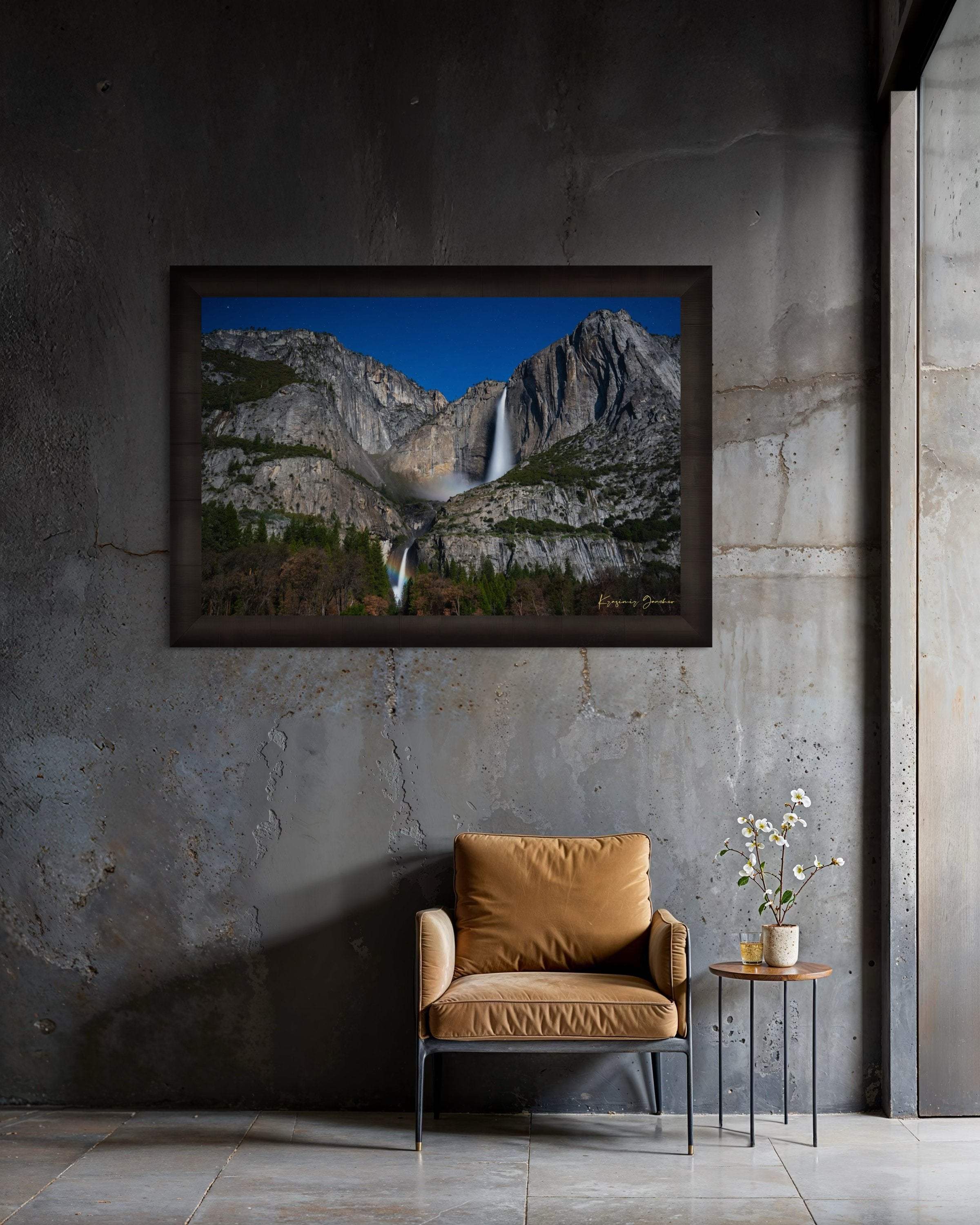 Moonbow over Upper and Lower Yosemite Falls during a starlit full moon in Yosemite National Park. #Finish_Roma Dark Ash Frame