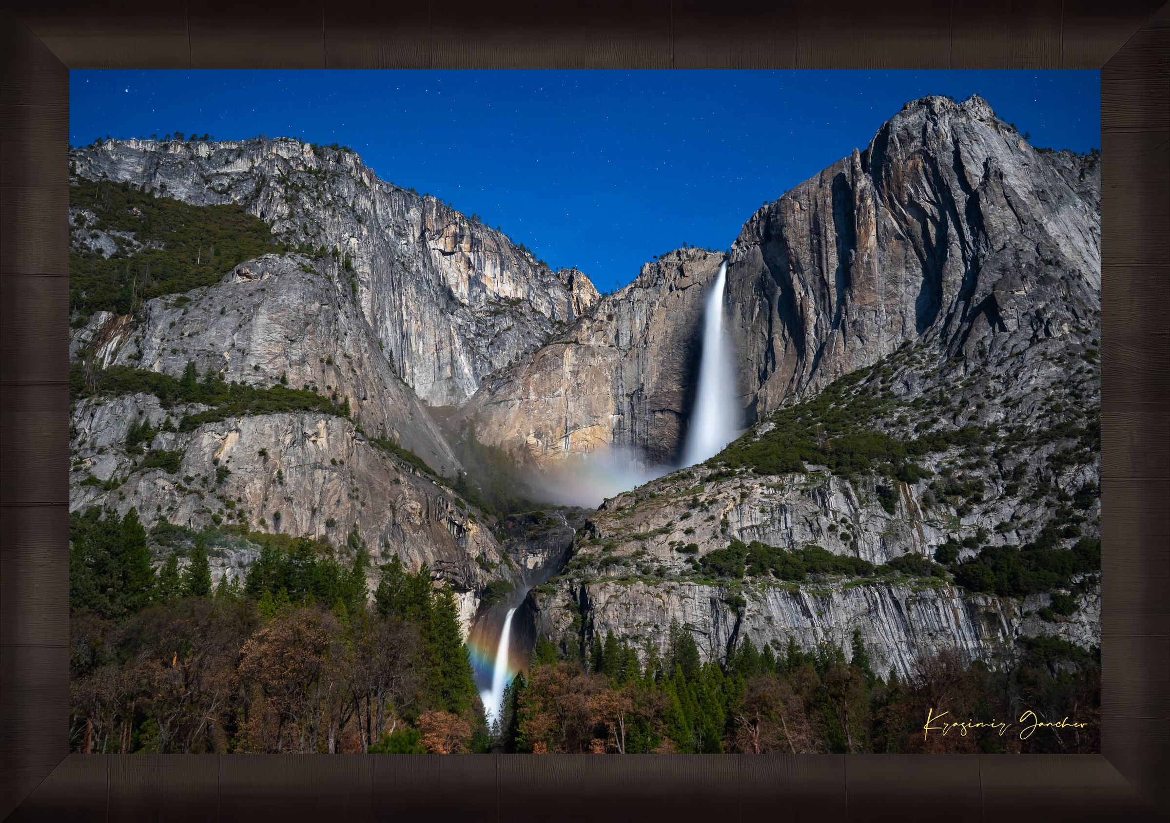 Moonbow over Upper and Lower Yosemite Falls during a starlit full moon in Yosemite National Park. #Finish_Roma Dark Ash Frame