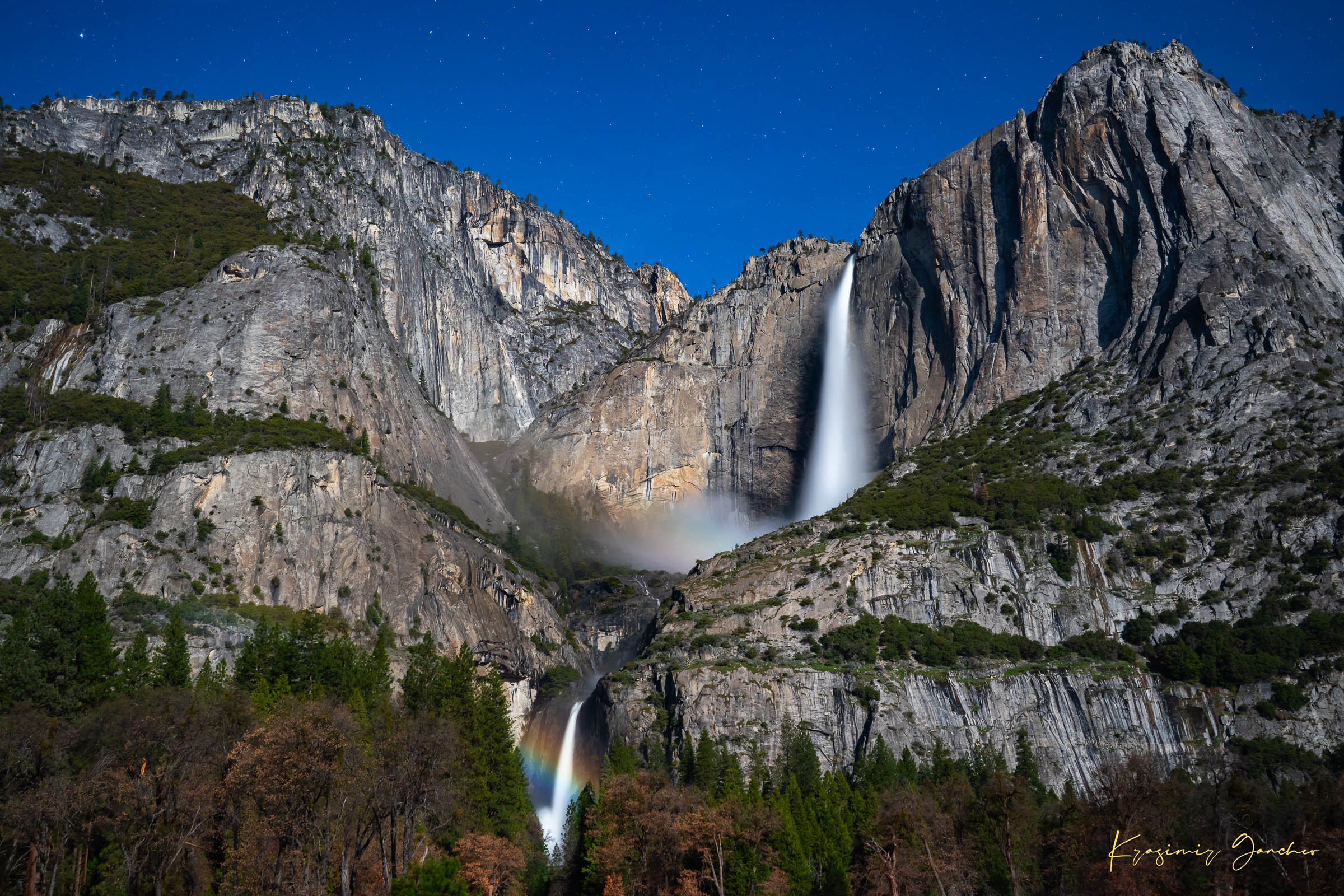 Moonbow over Upper and Lower Yosemite Falls during a starlit full moon in Yosemite National Park. #Finish_Acrylic Recess