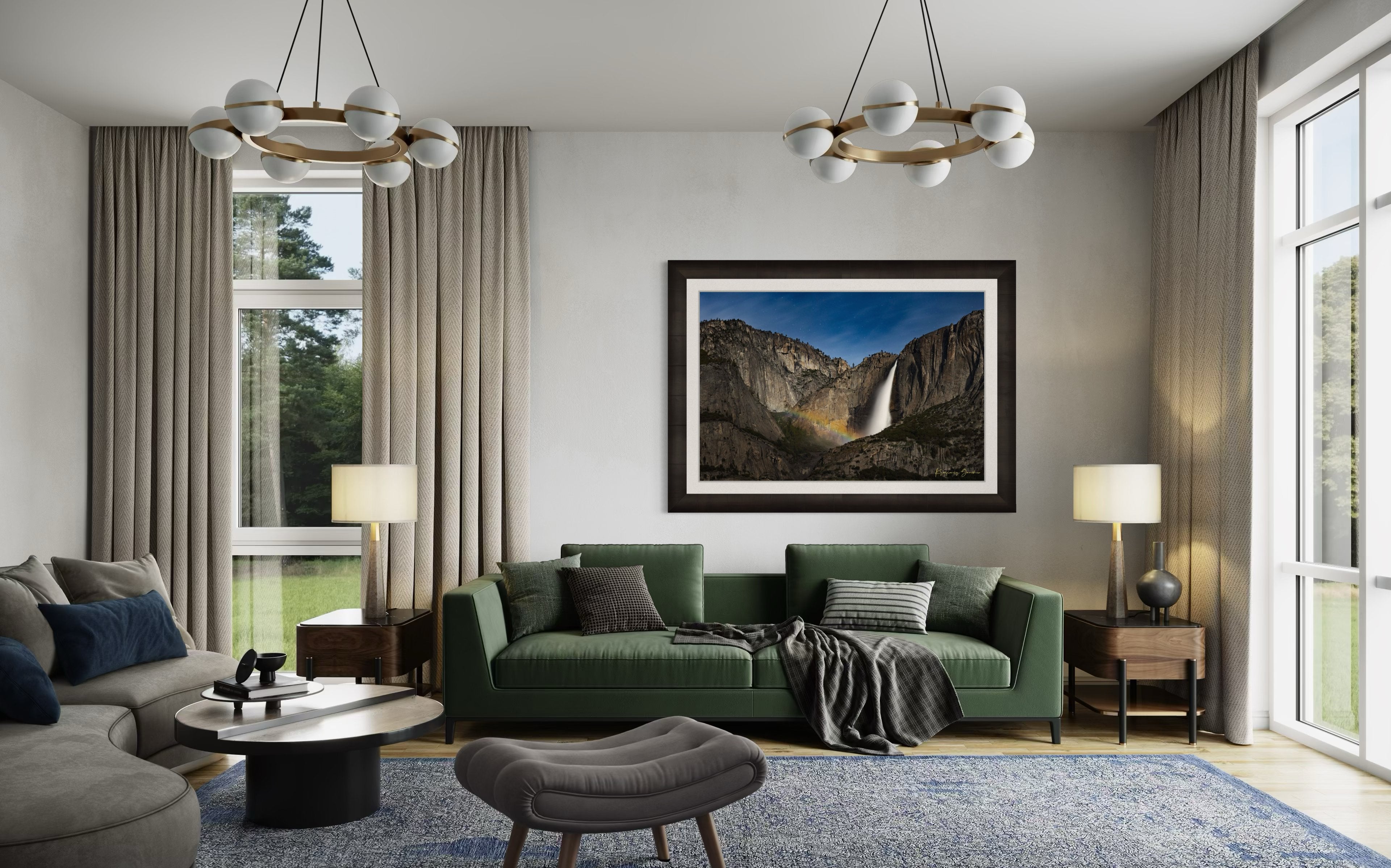 Yosemite Falls at night beneath starlight and a full moon bow, clouds above the monolith. #Finish_Roma Dark Ash Frame & Bright Liner