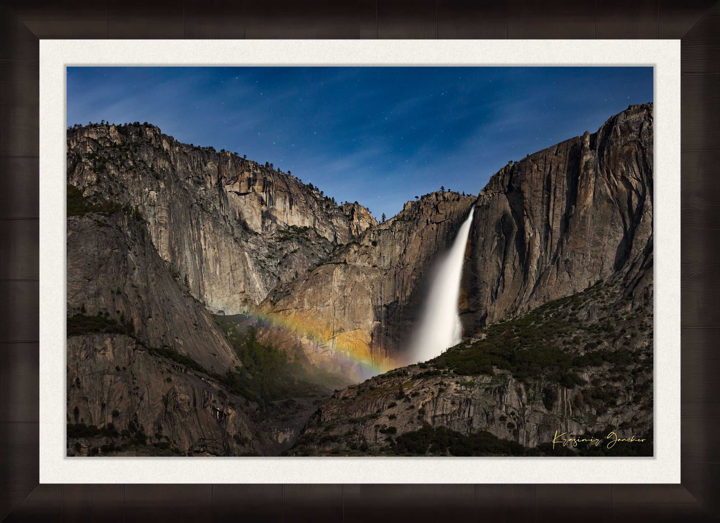 Yosemite Falls at night beneath starlight and a full moon bow, clouds above the monolith. #Finish_Roma Dark Ash Frame & Bright Liner