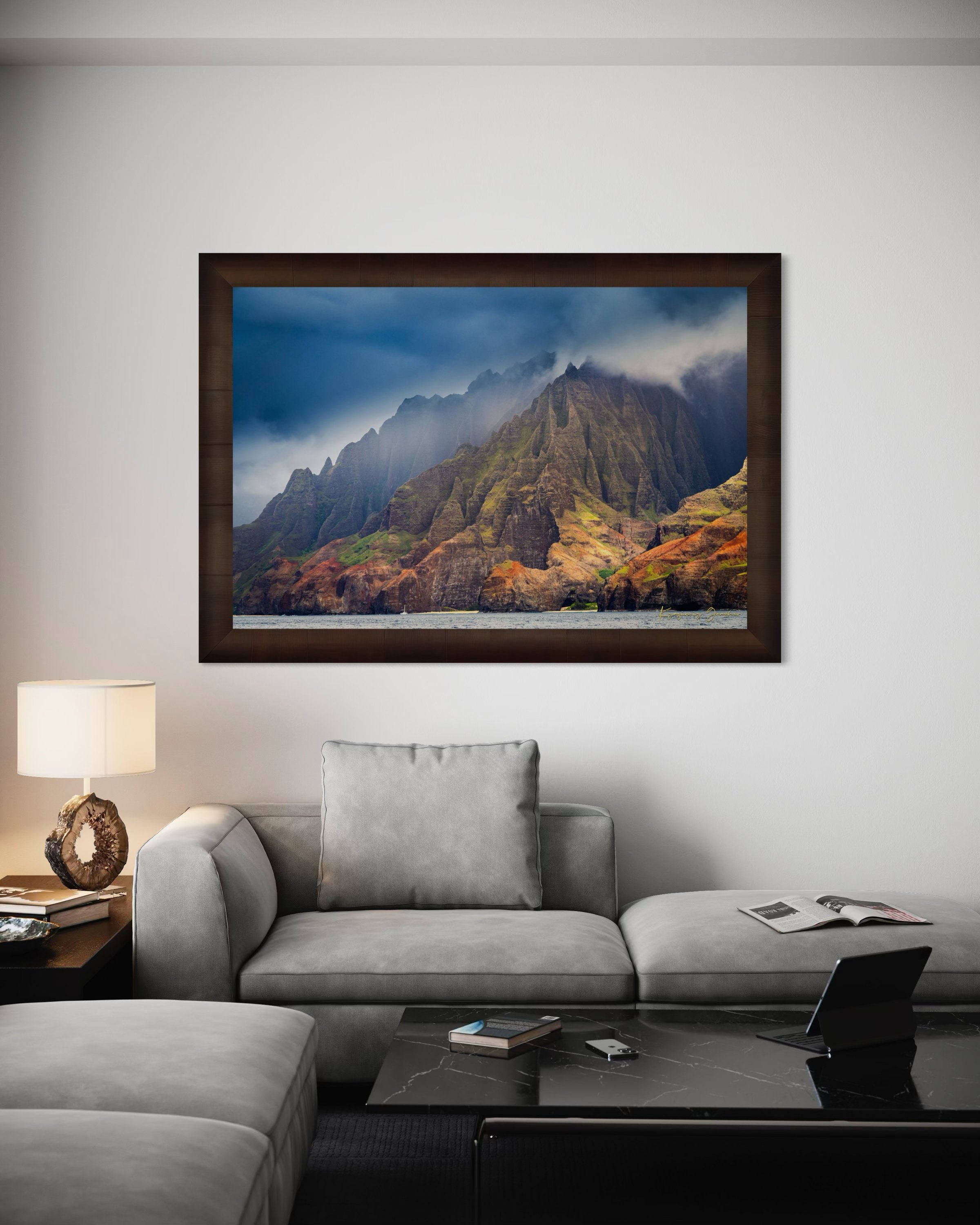 Rugged coastal cliff face rising from the Pacific Ocean at Napali Coast, Kauai, with light breaking through storm clouds. #Finish_Roma Cigar Leaf Frame