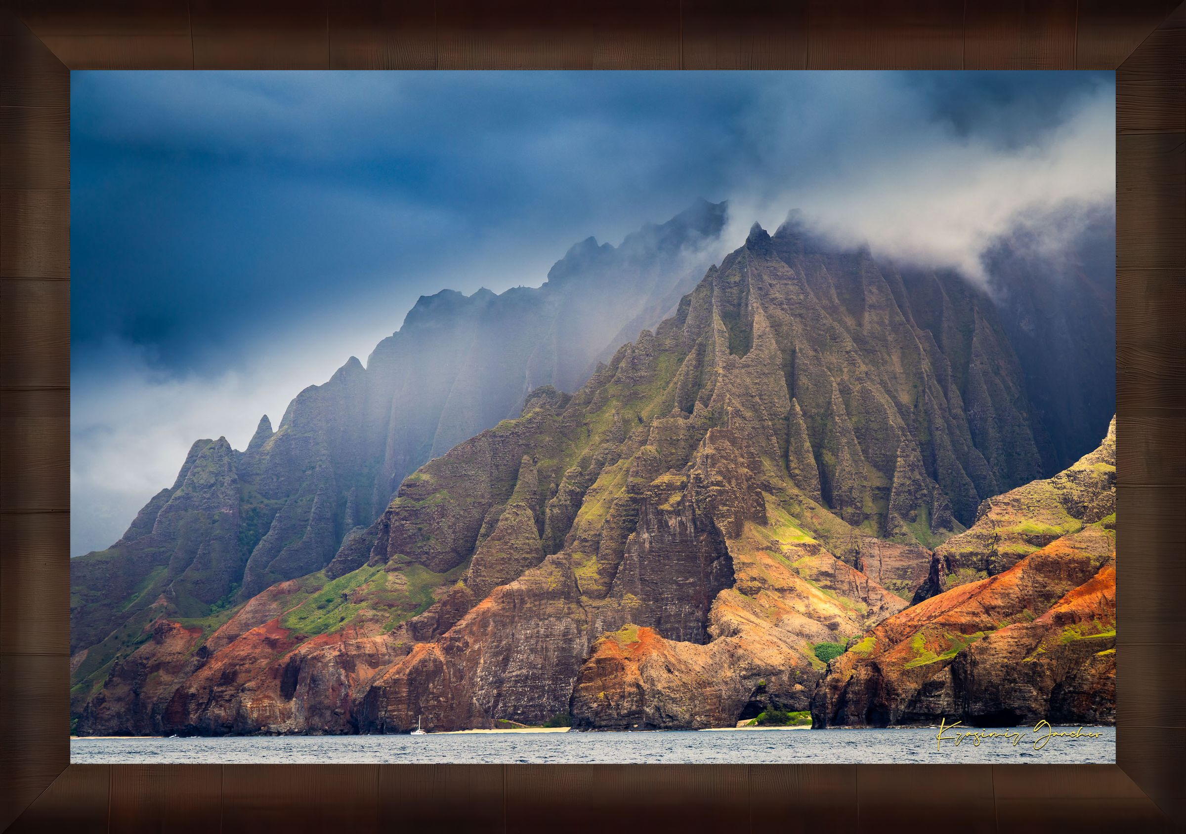 Rugged coastal cliff face rising from the Pacific Ocean at Napali Coast, Kauai, with light breaking through storm clouds. #Finish_Roma Cigar Leaf Frame