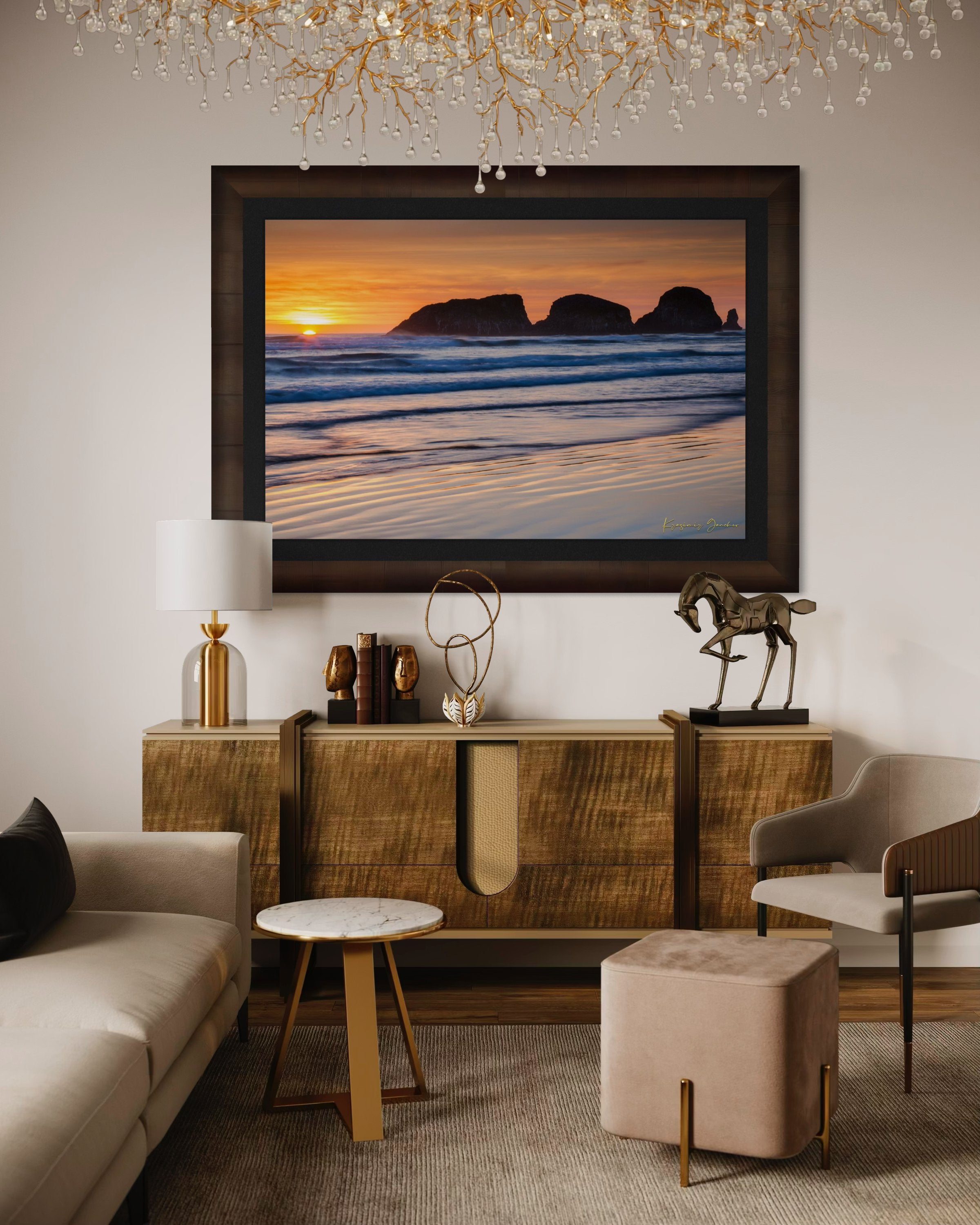 Bird Rock at Cannon Beach, Oregon, during sunset with reflections in the wet sand and ocean under cloudy skies. #Finish_Roma Cigar Leaf Frame & Dark Liner