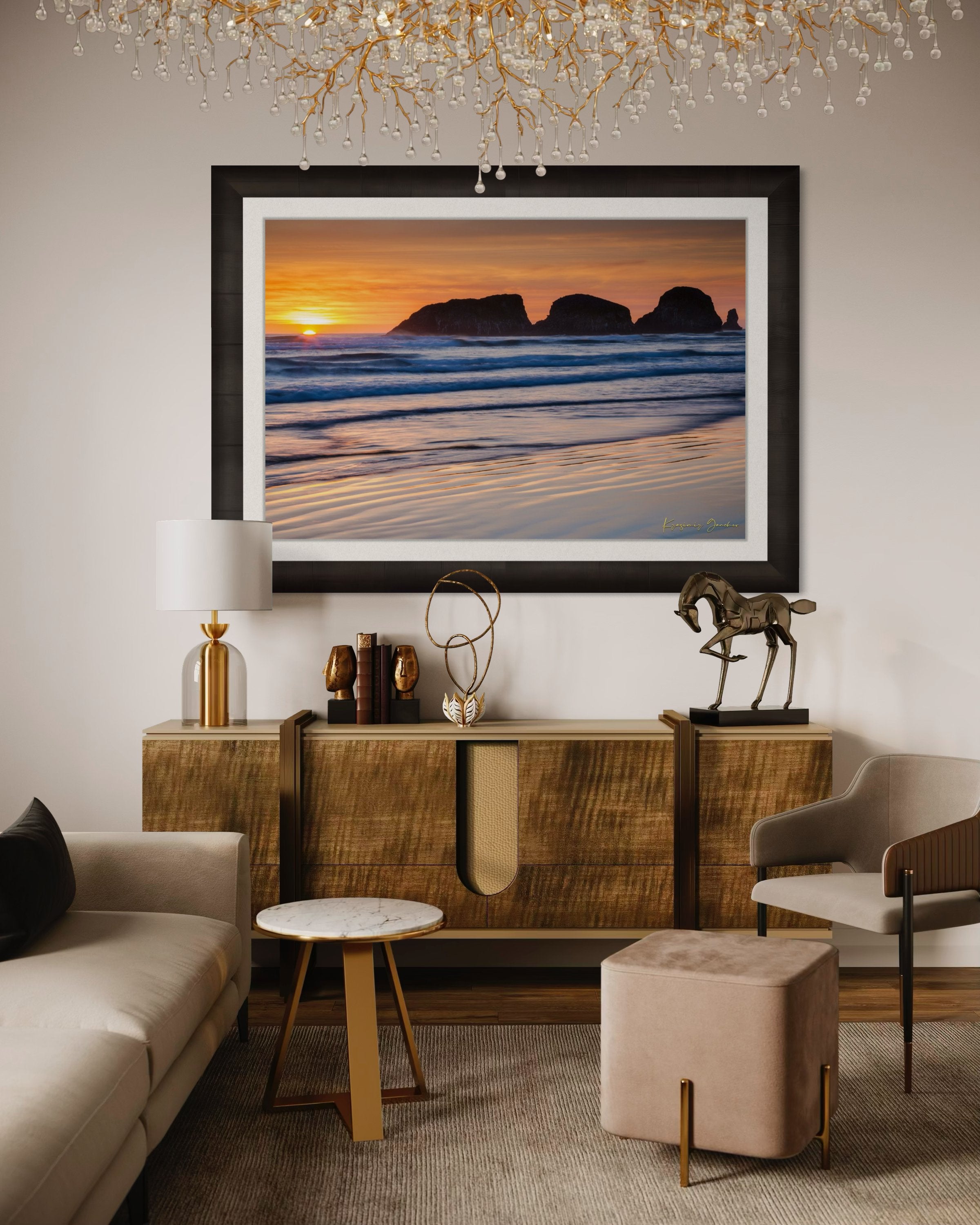 Bird Rock at Cannon Beach, Oregon, during sunset with reflections in the wet sand and ocean under cloudy skies. #Finish_Roma Dark Ash Frame & Bright Liner