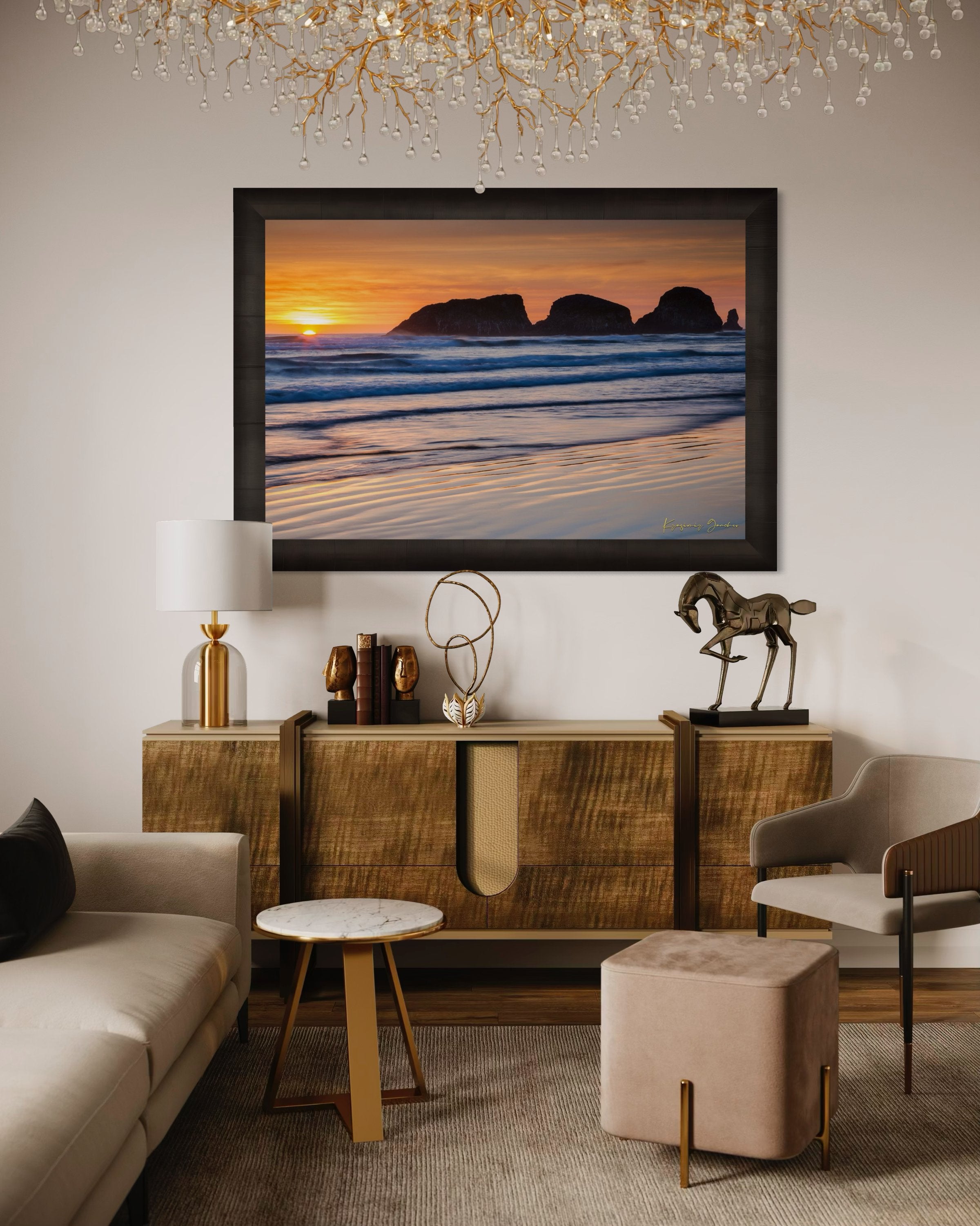 Bird Rock at Cannon Beach, Oregon, during sunset with reflections in the wet sand and ocean under cloudy skies. #Finish_Roma Dark Ash Frame
