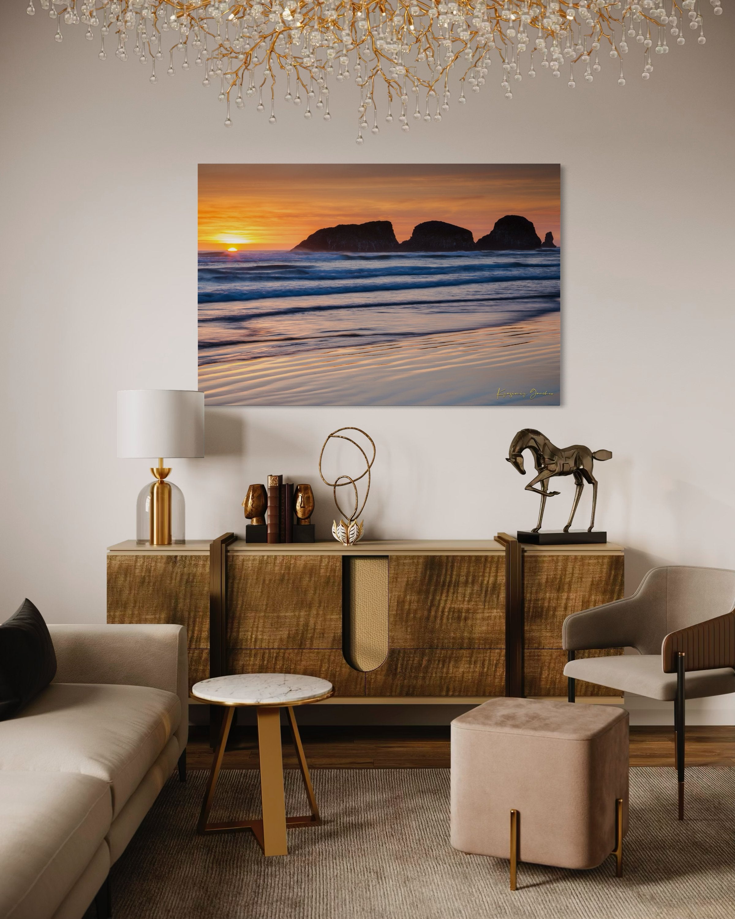 Bird Rock at Cannon Beach, Oregon, during sunset with reflections in the wet sand and ocean under cloudy skies. #Finish_Acrylic Recess