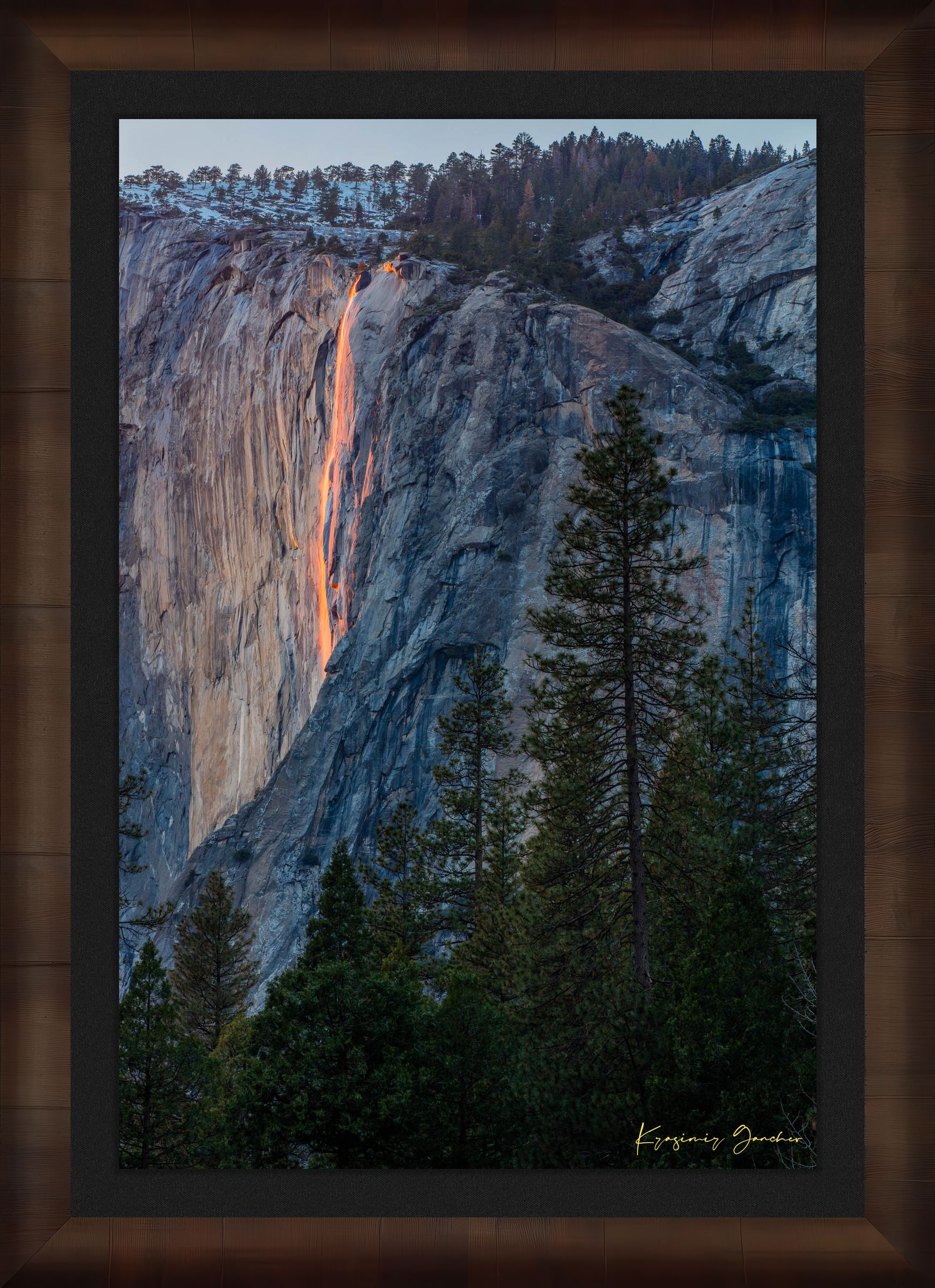 Firefall illuminated waterfall cascading on El Capitan monolith with foreground trees framing the scene during a cloudy sunset in Yosemite. #Finish_Roma Cigar Leaf Frame & Dark Liner